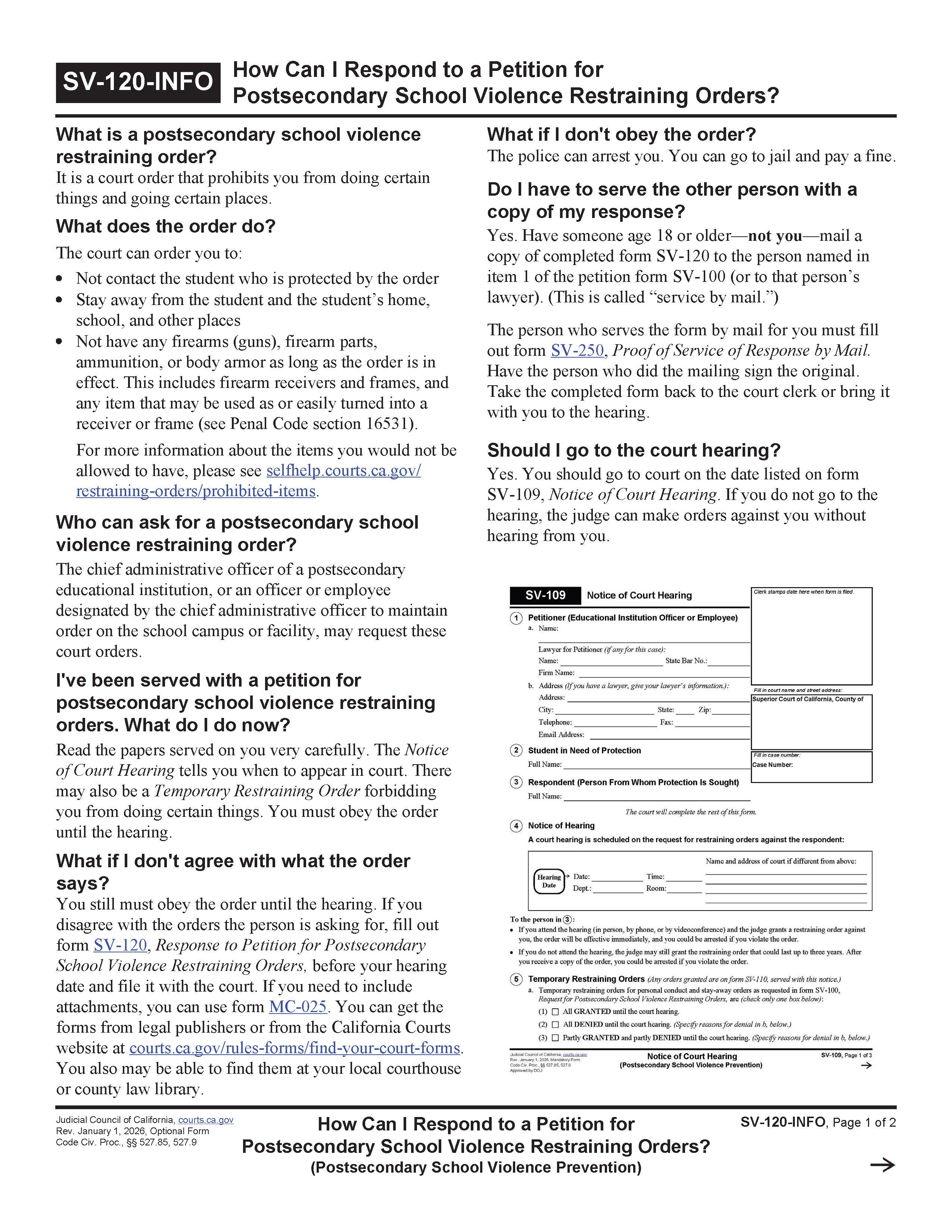 How Can I Respond To A Petition For Private Postsecondary School Violence Restraining Orders {SV-120-INFO} | Pdf Fpdf Doc Docx | California