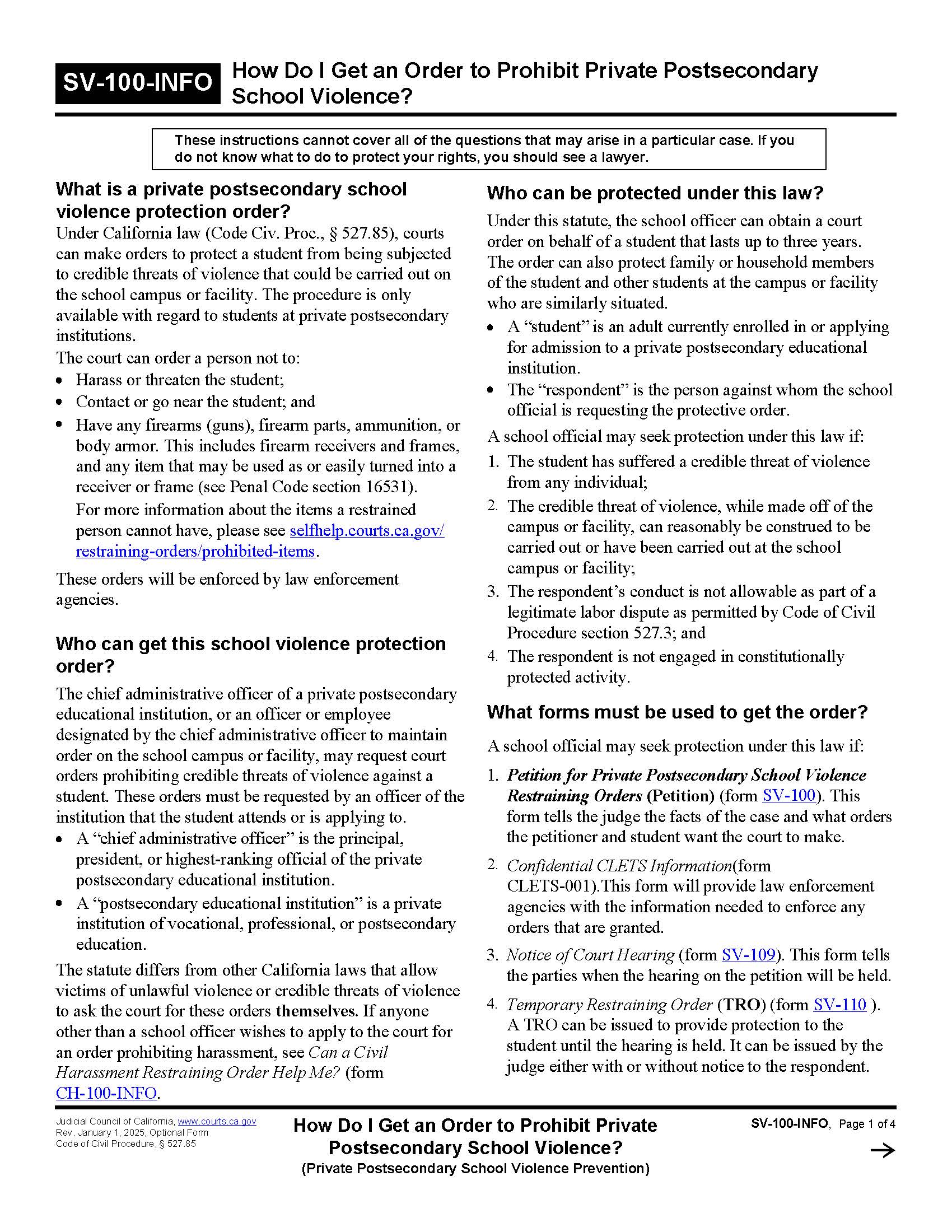 How Do I Get An Order To Prohibit Private Postsecondary School Violence {SV-100-INFO} | Pdf Fpdf Doc Docx | California