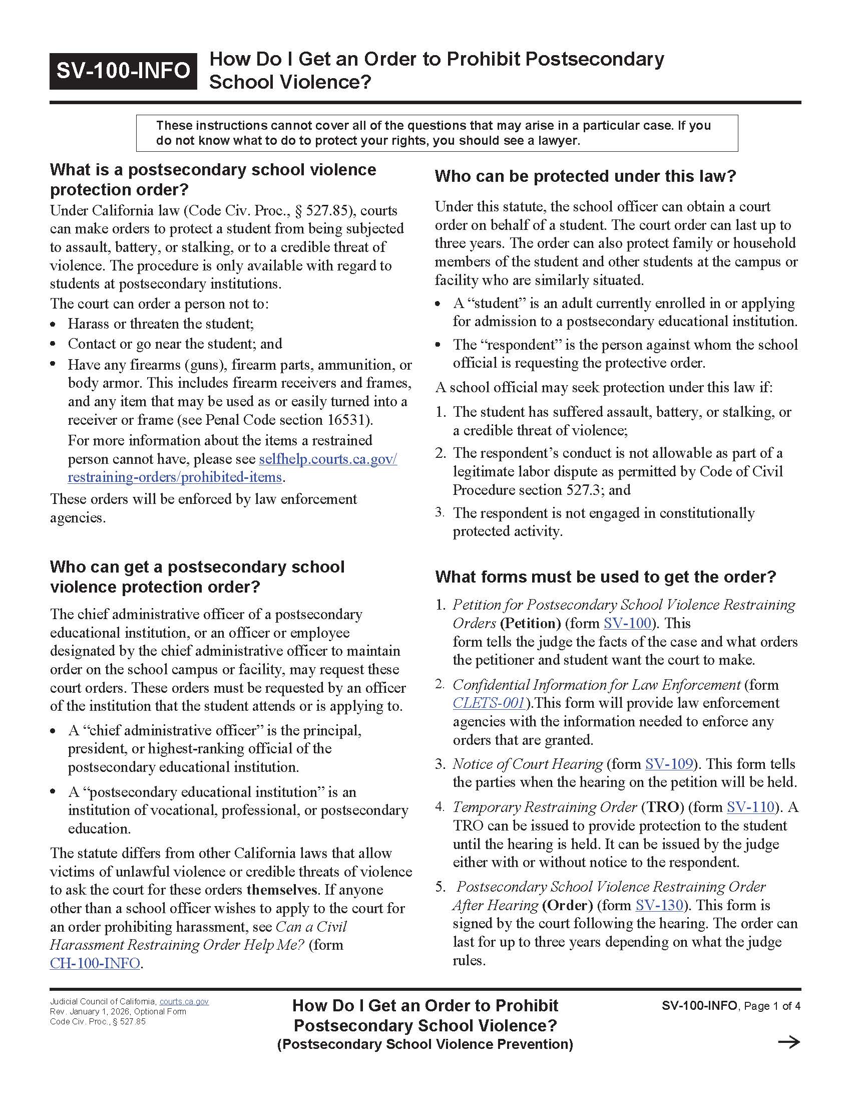 How Do I Get An Order To Prohibit Private Postsecondary School Violence {SV-100-INFO} | Pdf Fpdf Doc Docx | California