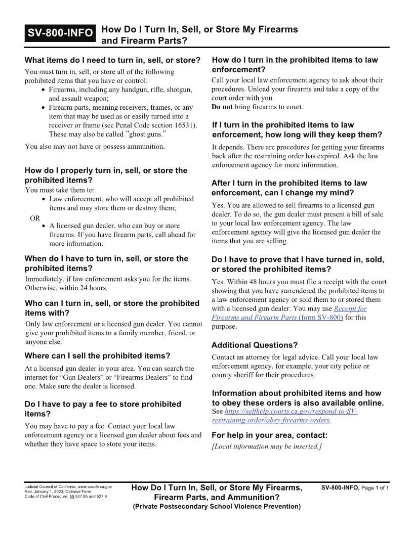 How Do I Turn In Sell Or Store My Firearms {SV-800-INFO} | Pdf Fpdf Doc Docx | California