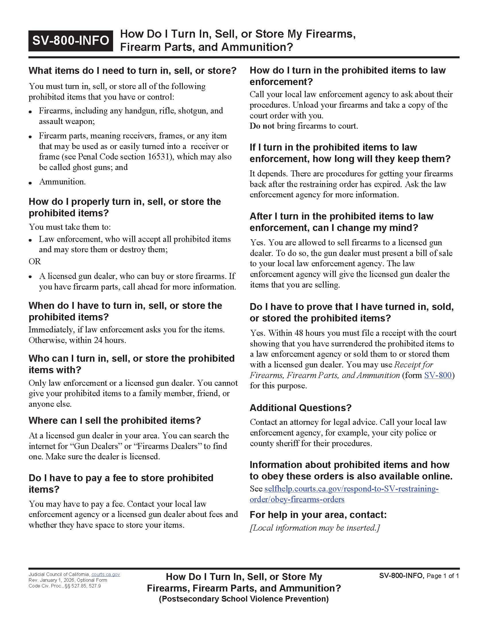 How Do I Turn In Sell Or Store My Firearms {SV-800-INFO} | Pdf Fpdf Doc Docx | California