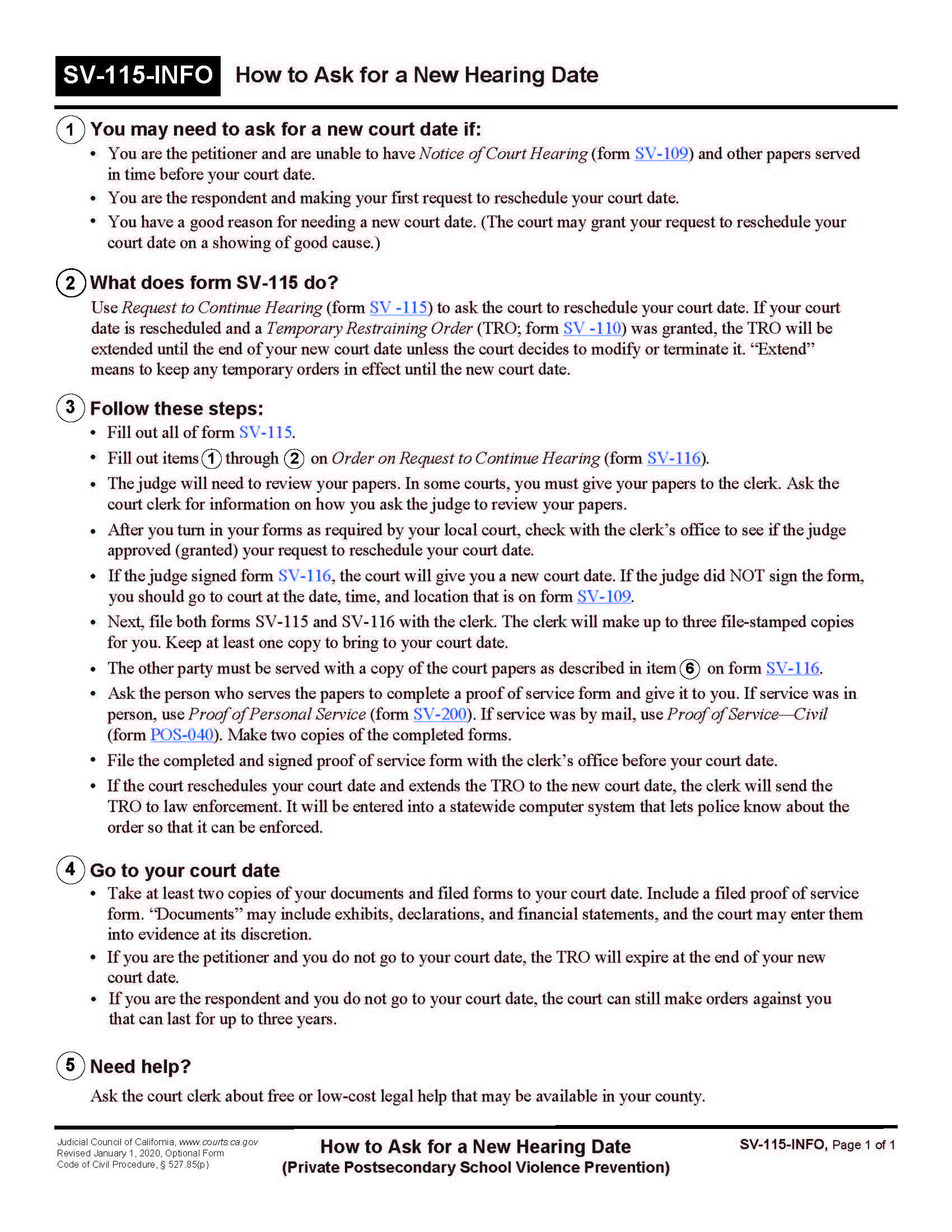 How To Ask For A New Hearing Date {SV-115-INFO} | Pdf Fpdf Doc Docx | California