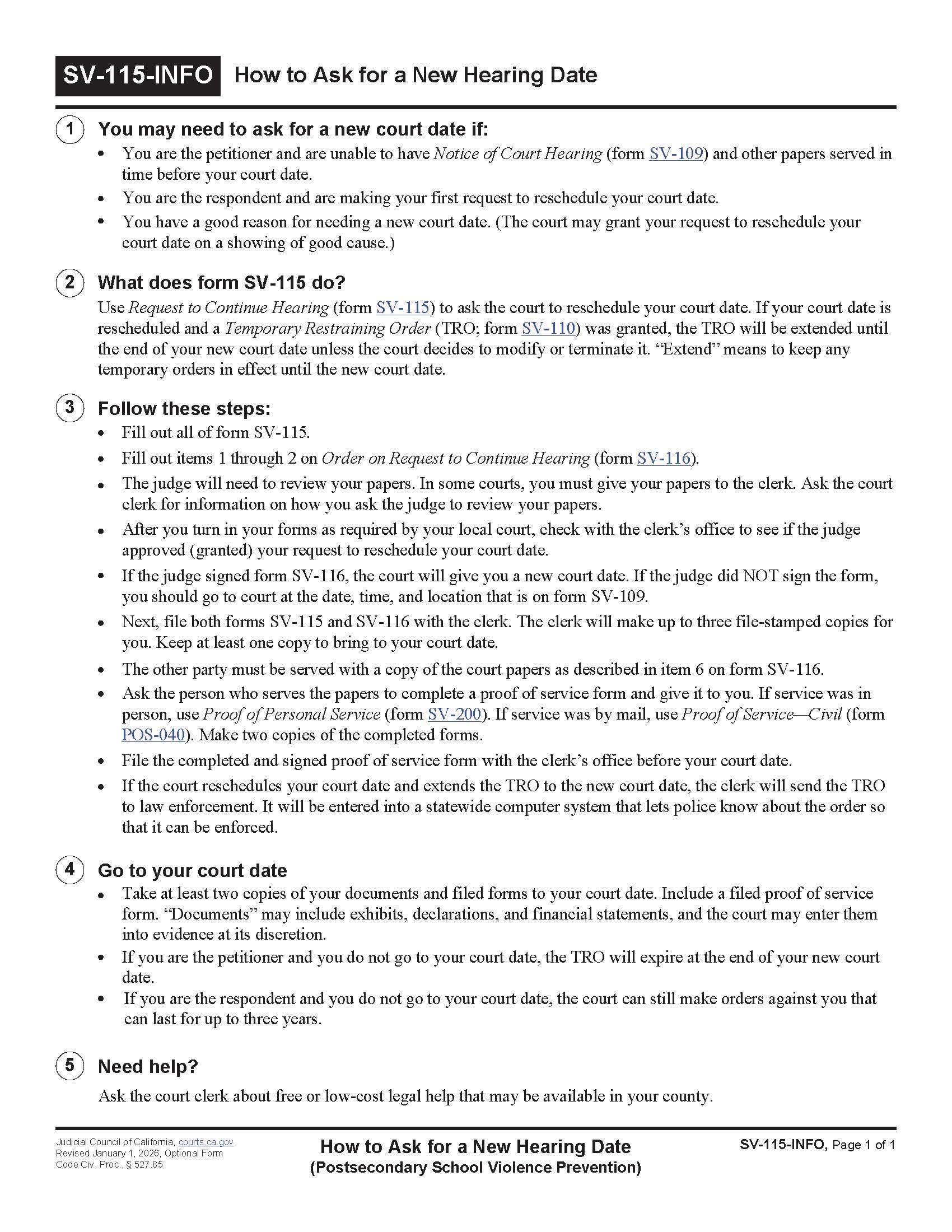 How To Ask For A New Hearing Date {SV-115-INFO} | Pdf Fpdf Doc Docx | California