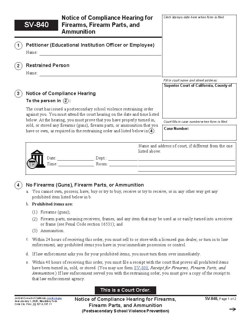 Notice Of Compliance Hearing For Firearms Firearm Parts And Ammunition {SV-840} | Pdf Fpdf Docx | California