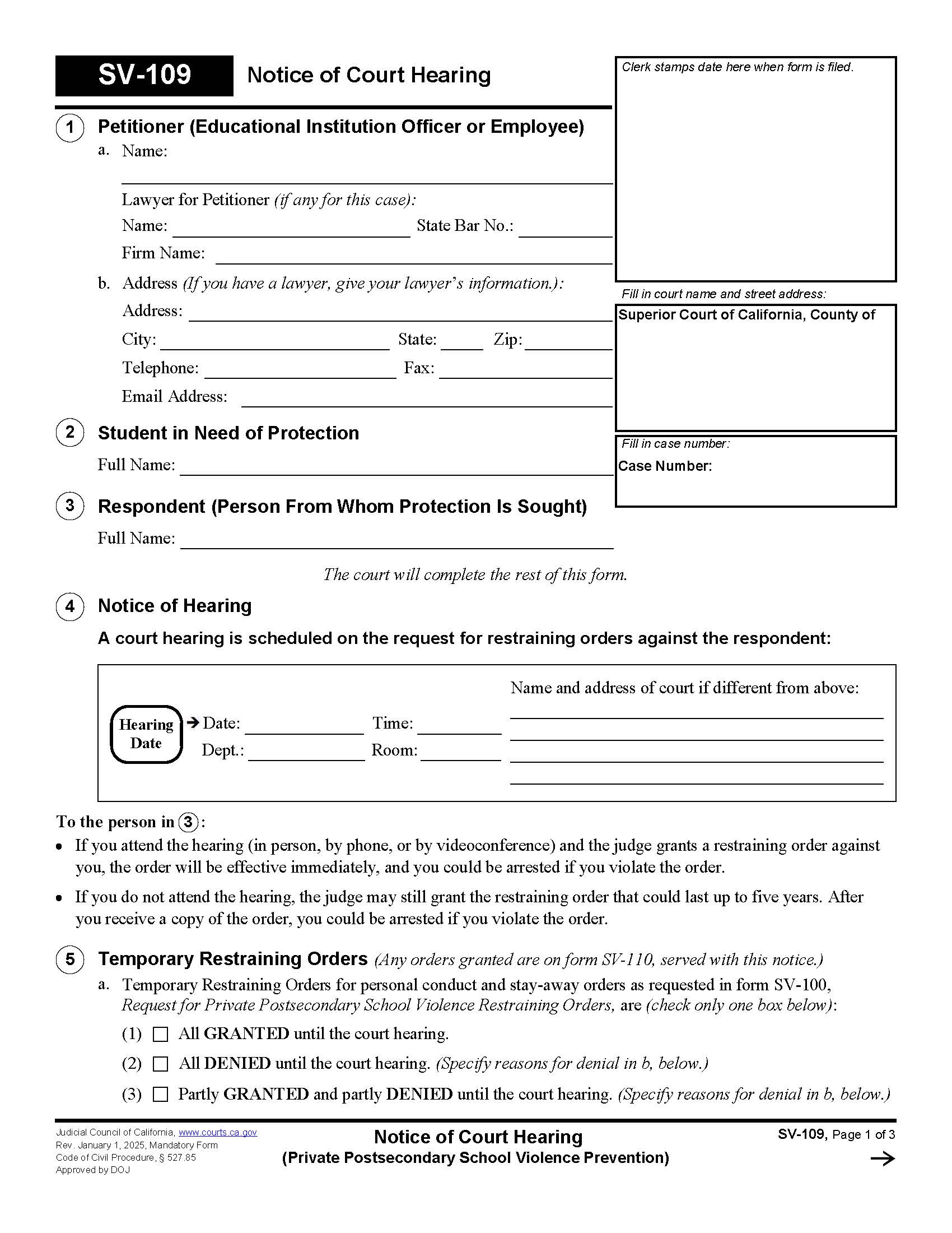 Notice Of Court Hearing (Private Postsecondary School Violence Prevention) {SV-109} | Pdf Fpdf Doc Docx | California