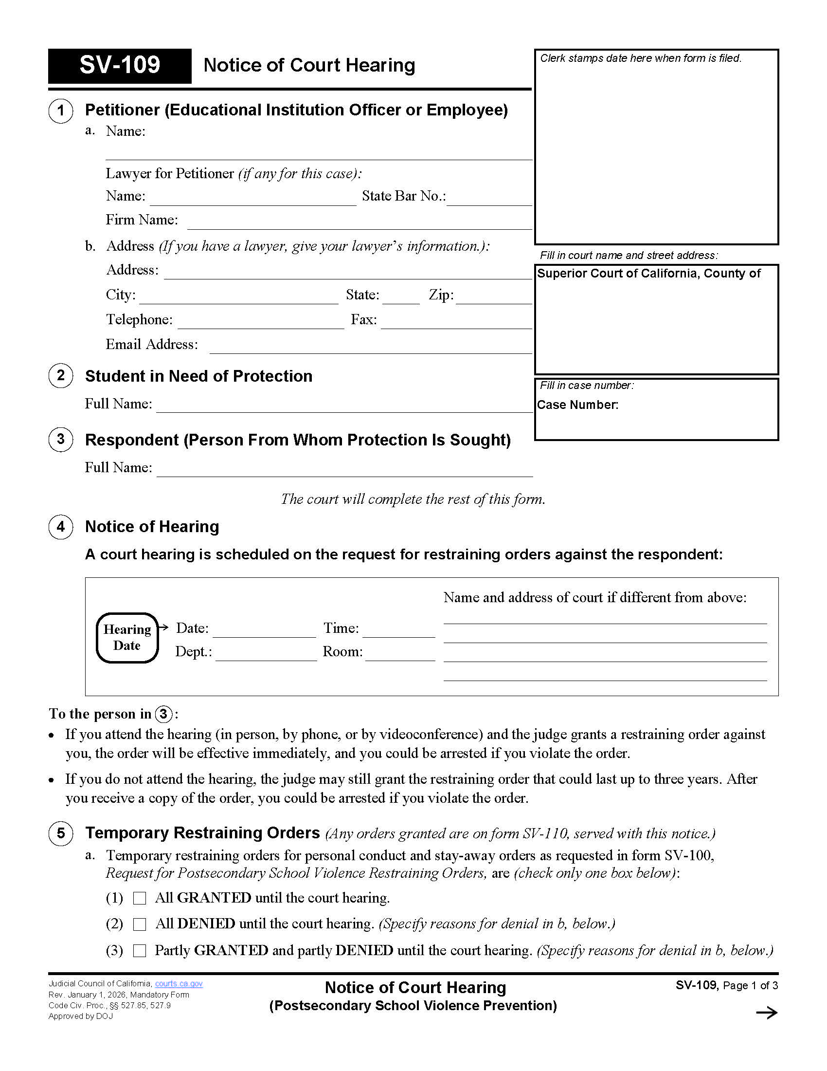 Notice Of Court Hearing (Private Postsecondary School Violence Prevention) {SV-109} | Pdf Fpdf Doc Docx | California