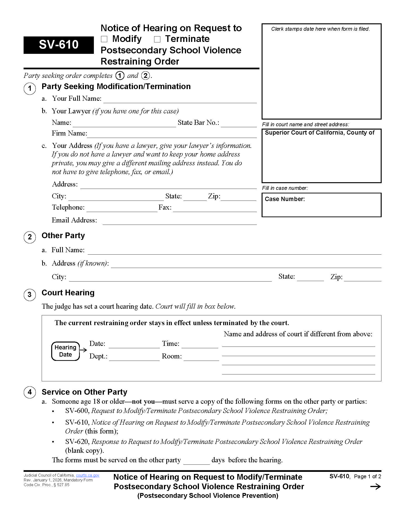 Notice Of Hearing On Request To Modify-Terminate Postsecondary School Violence Restraining Order {SV-610} | Pdf Fpdf Docx | California