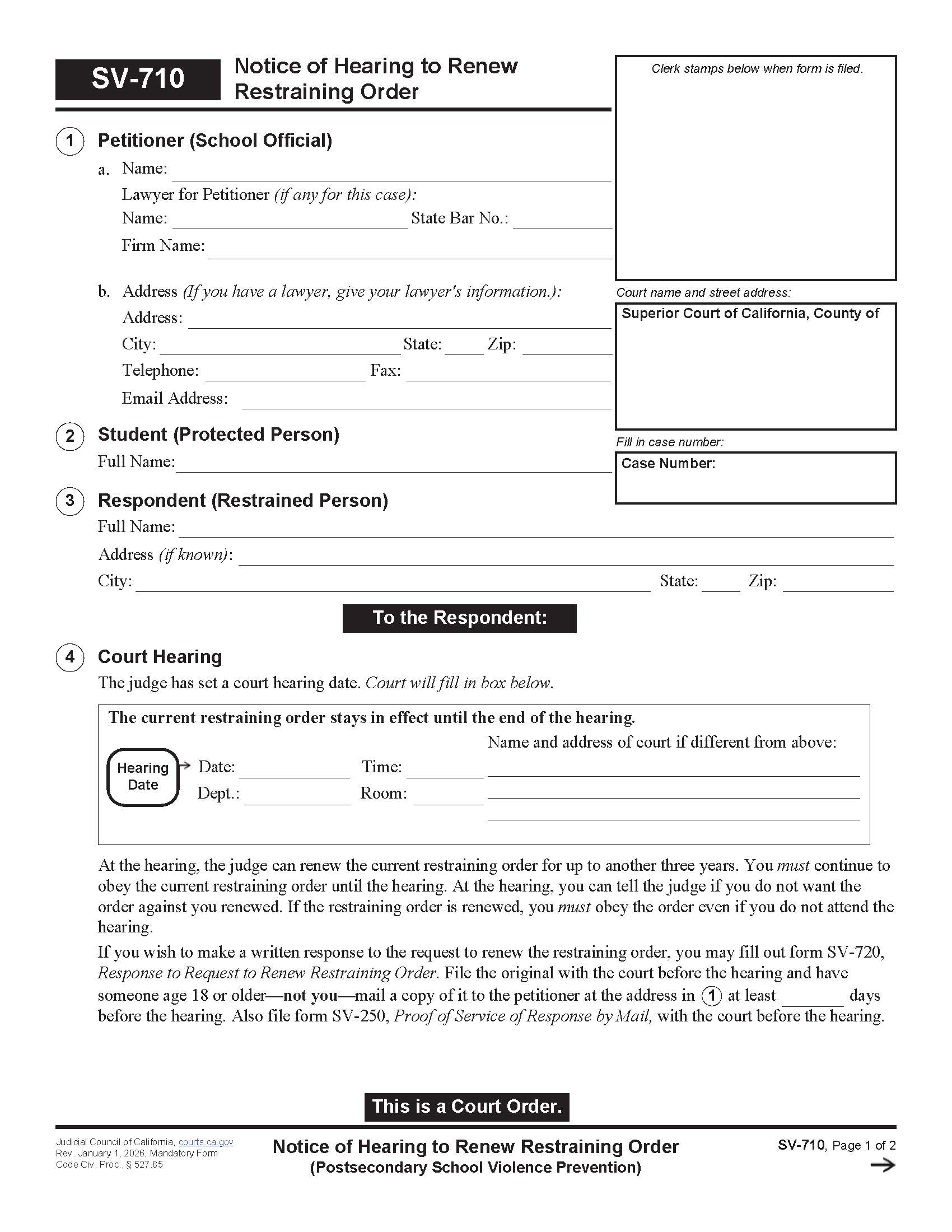 Notice Of Hearing To Renew Restraining Order {SV-710} | Pdf Fpdf Doc Docx | California