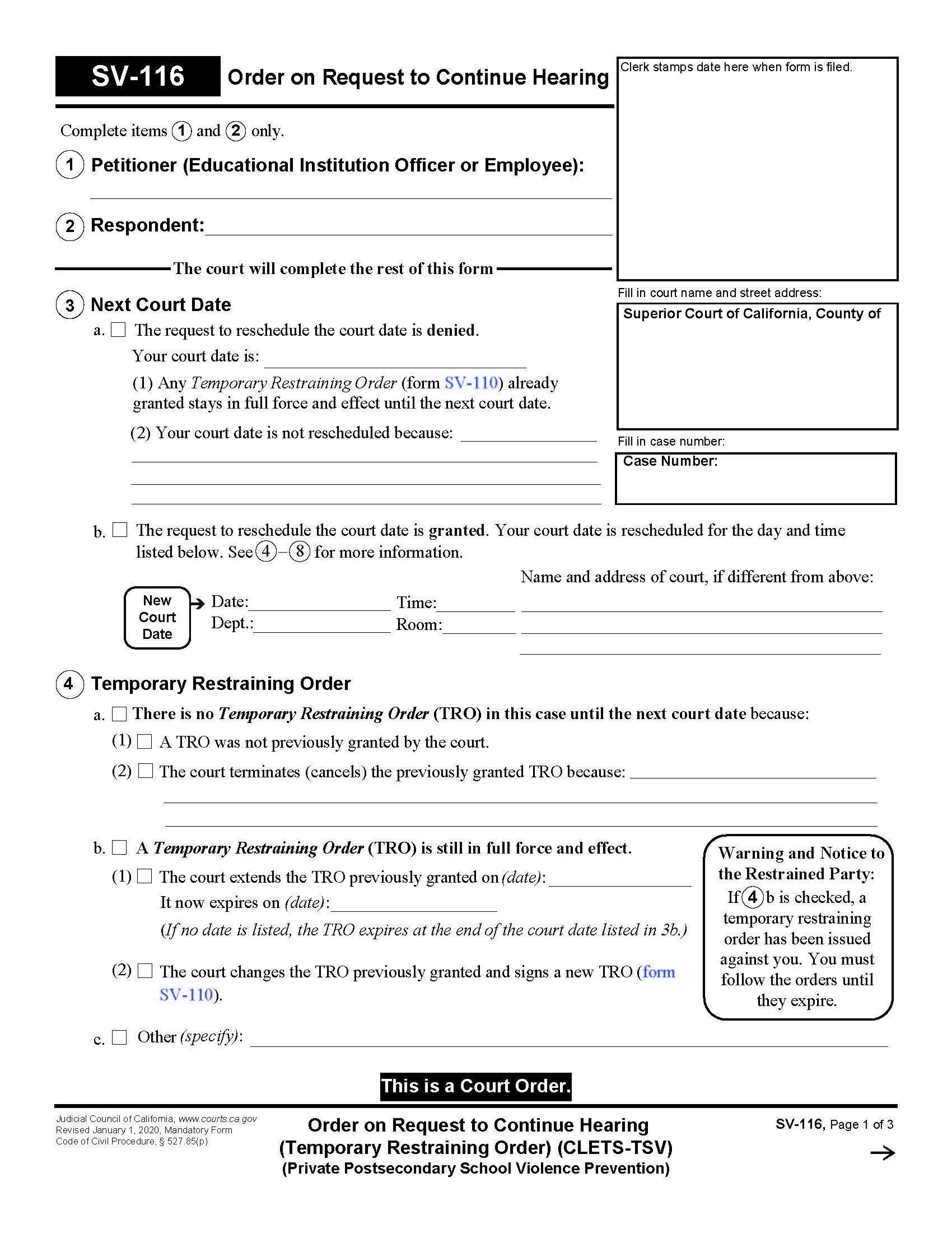Order On Request To Continue Hearing (Temporary Restraining) (CLETS-TSV) {SV-116} | Pdf Fpdf Doc Docx | California
