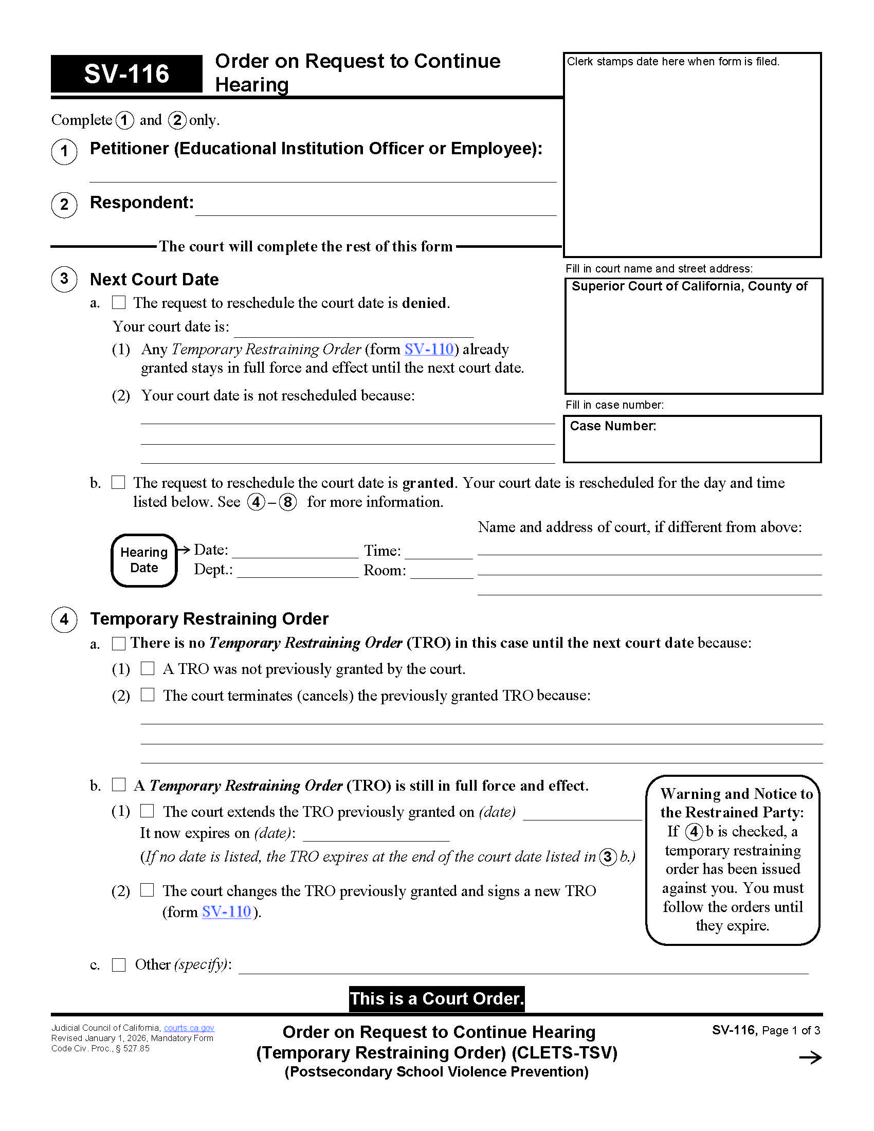 Order On Request To Continue Hearing (Temporary Restraining) (CLETS-TSV) {SV-116} | Pdf Fpdf Doc Docx | California