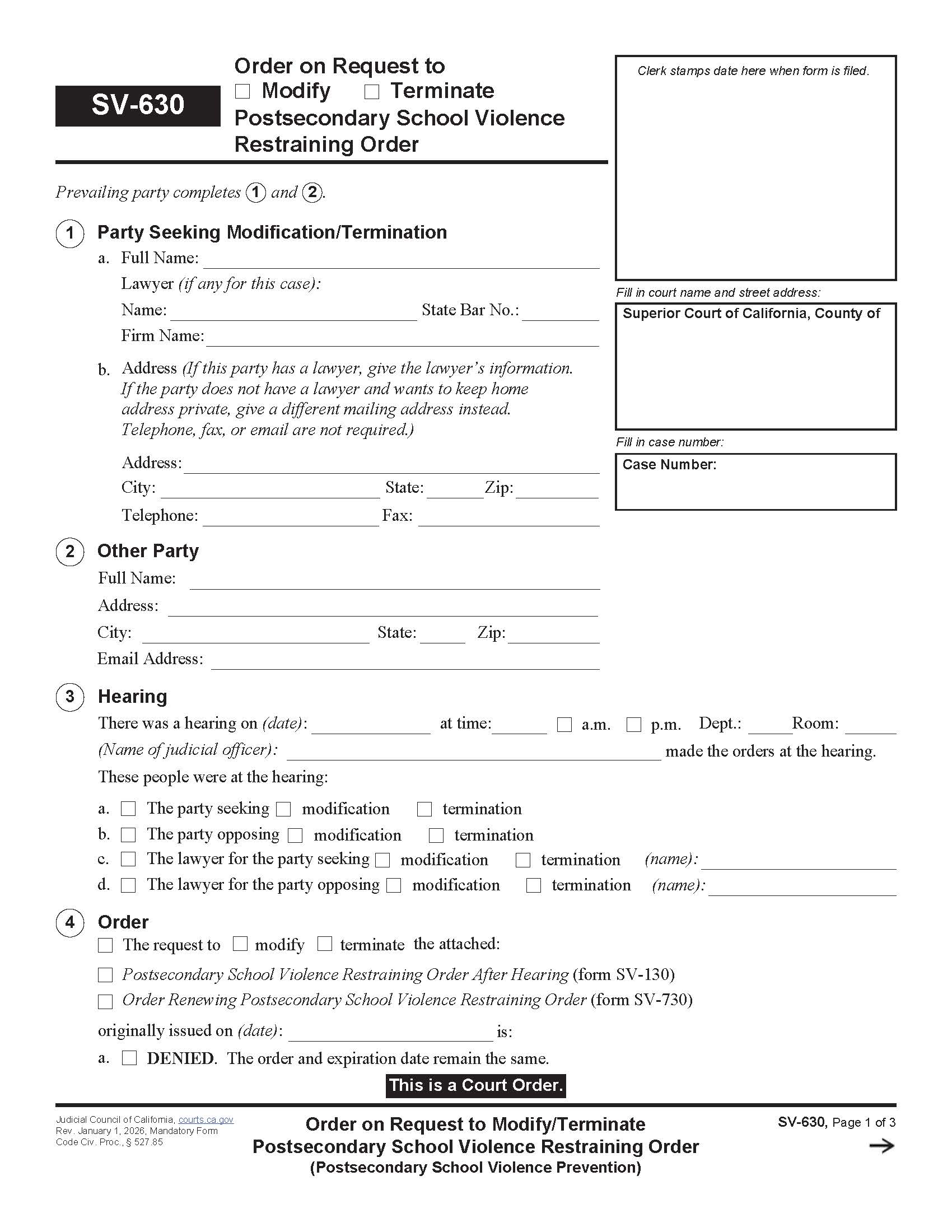 Order On Request To Modify-Terminate Postsecondary School Violence Restraining Order {SV-630} | Pdf Fpdf Docx | California