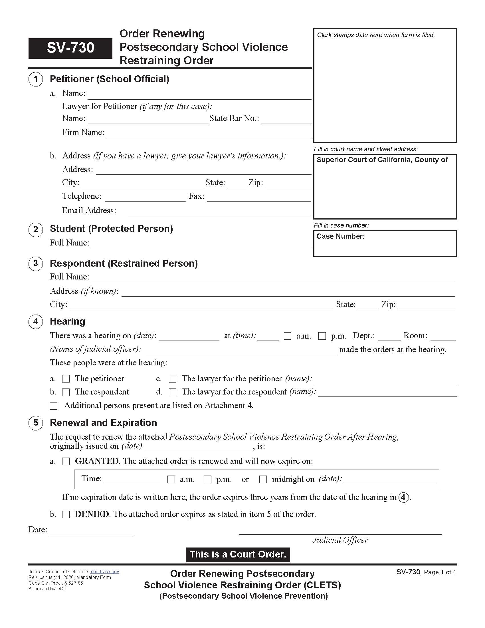 Order Renewing Postsecondary School Violence Restraining Order {SV-730} | Pdf Fpdf Doc Docx | California