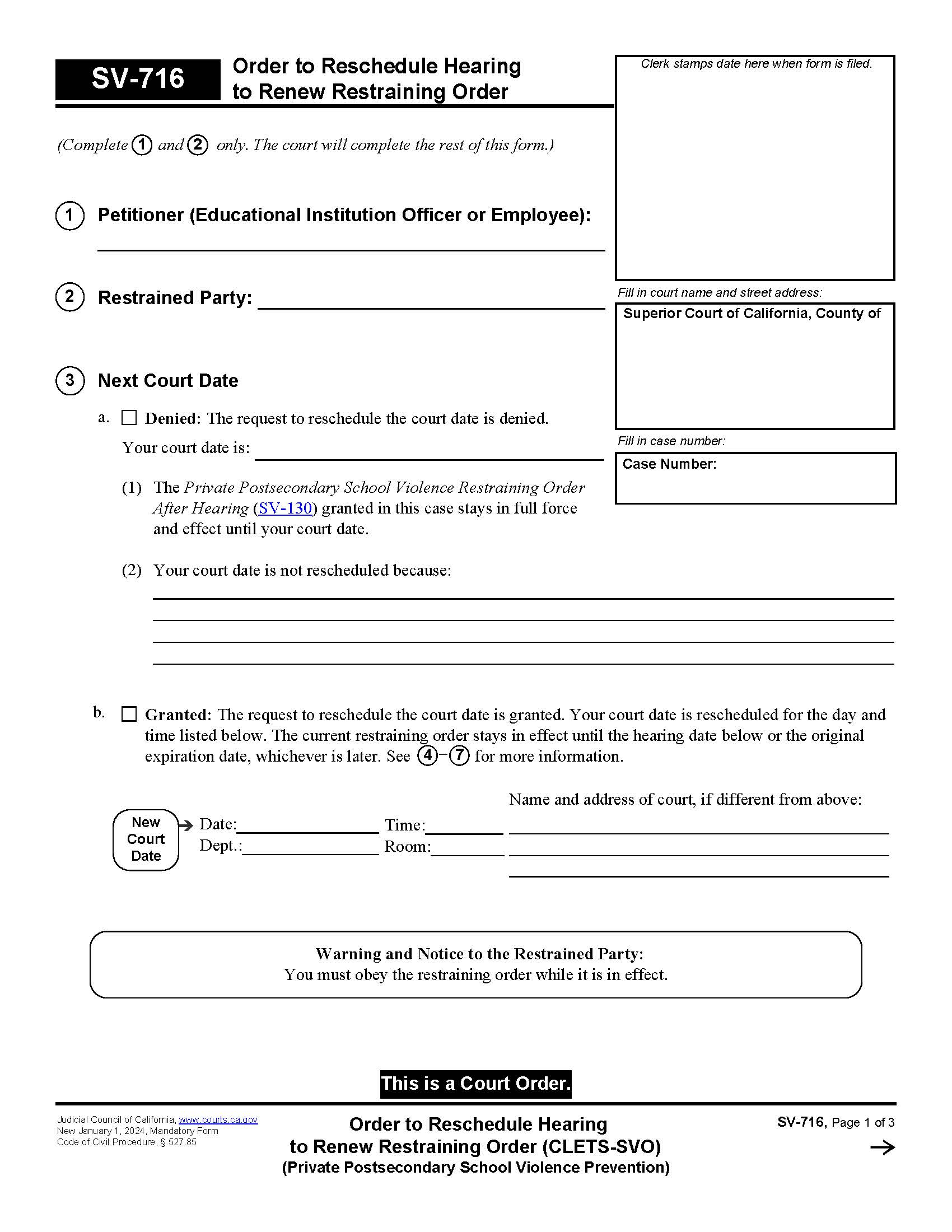 Order To Reschedule Hearing To Renew Restraining Order {SV-716} | Pdf Fpdf Docx | California