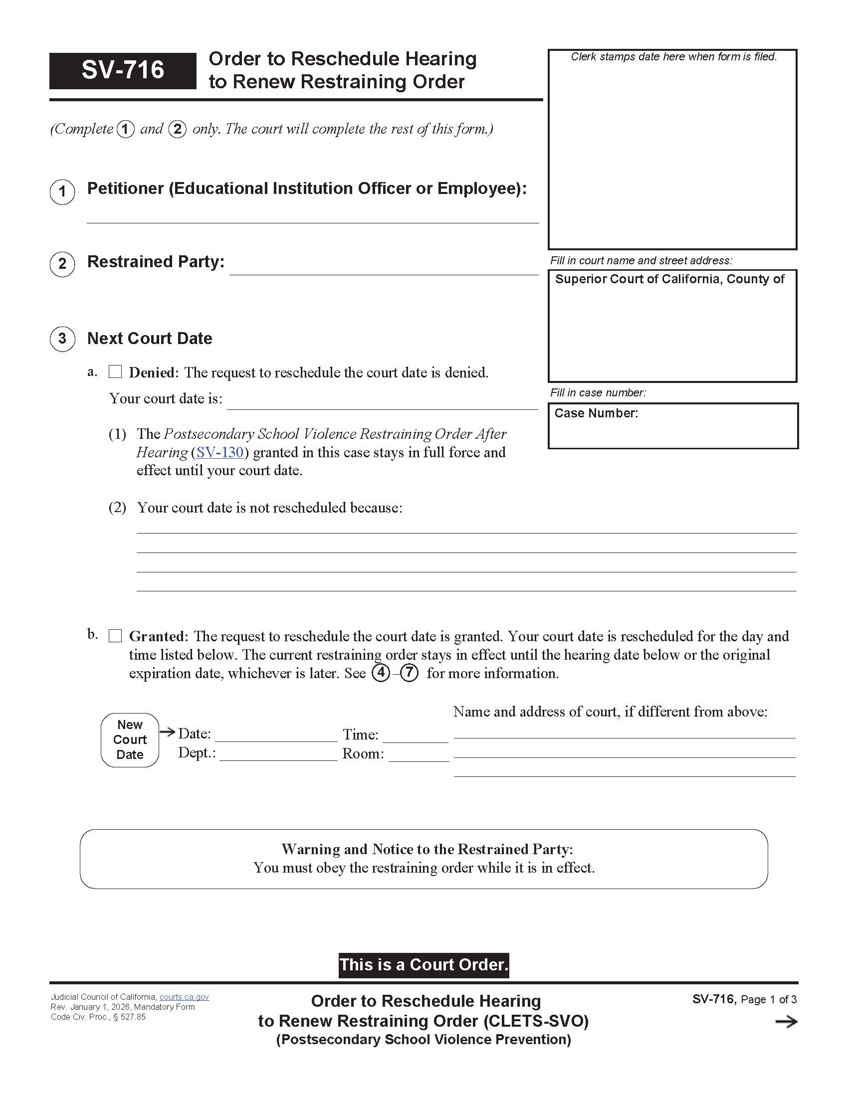 Order To Reschedule Hearing To Renew Restraining Order {SV-716} | Pdf Fpdf Docx | California