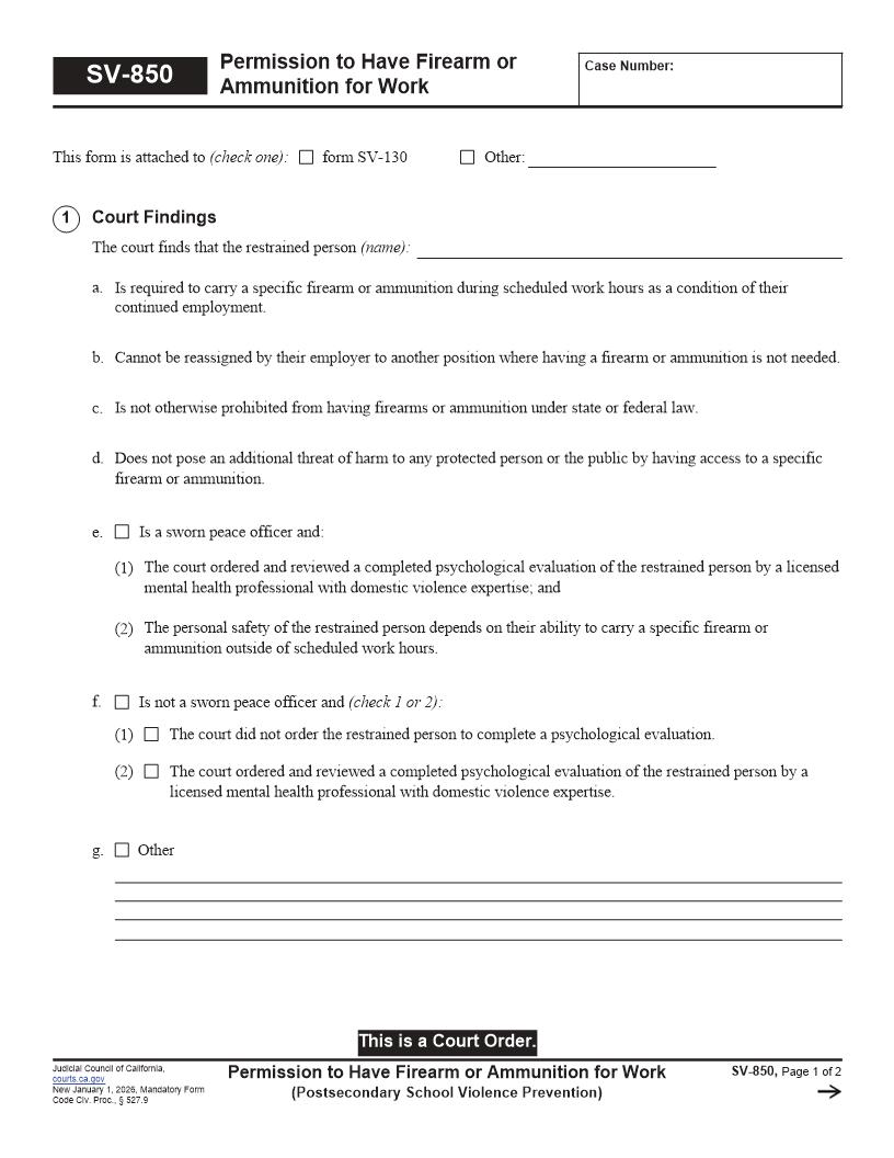 Permission To Have Firearm Or Ammunition For Work {SV-850} | Pdf Fpdf Docx | California