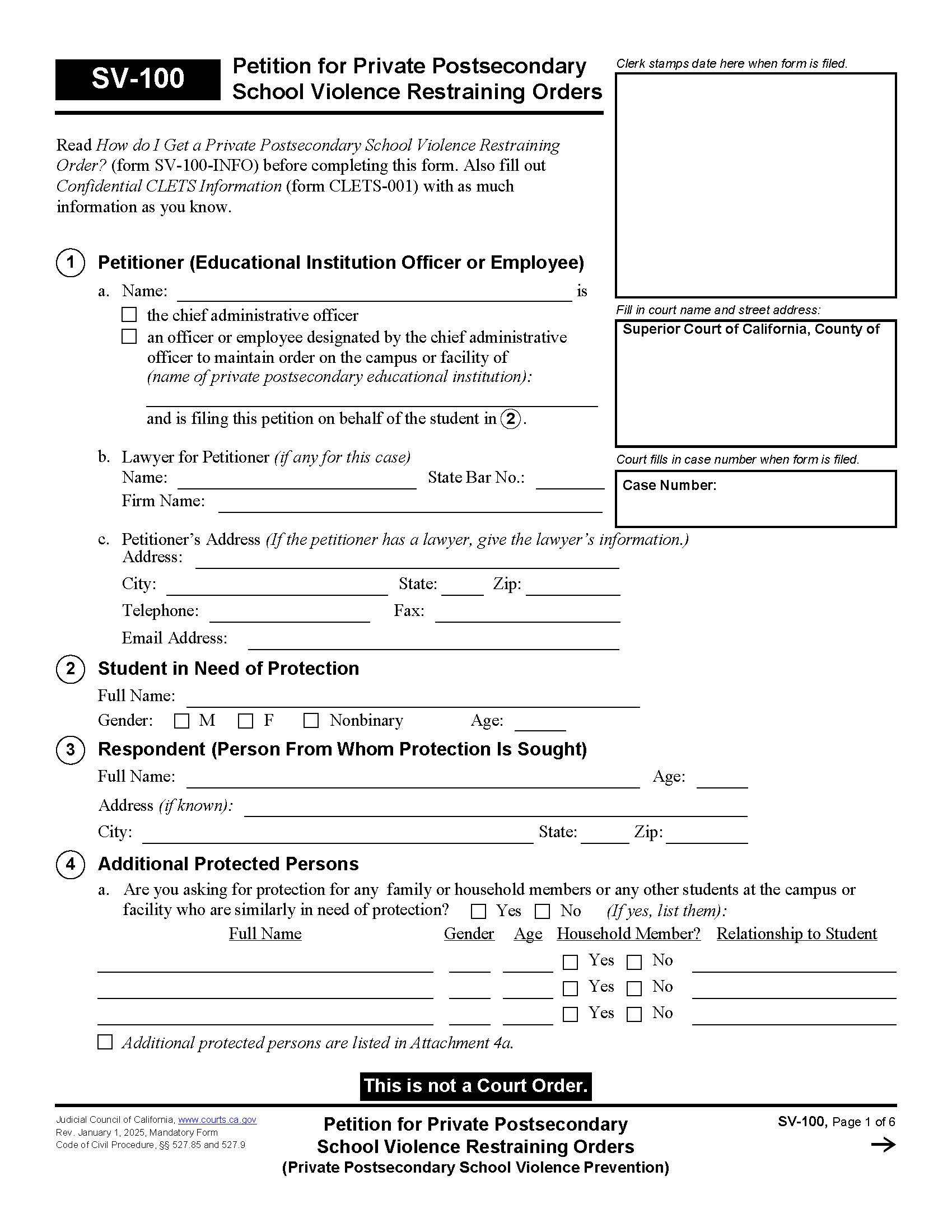 Petition For Private Postsecondary School Violence Restraining Orders {SV-100} | Pdf Fpdf Docx | California
