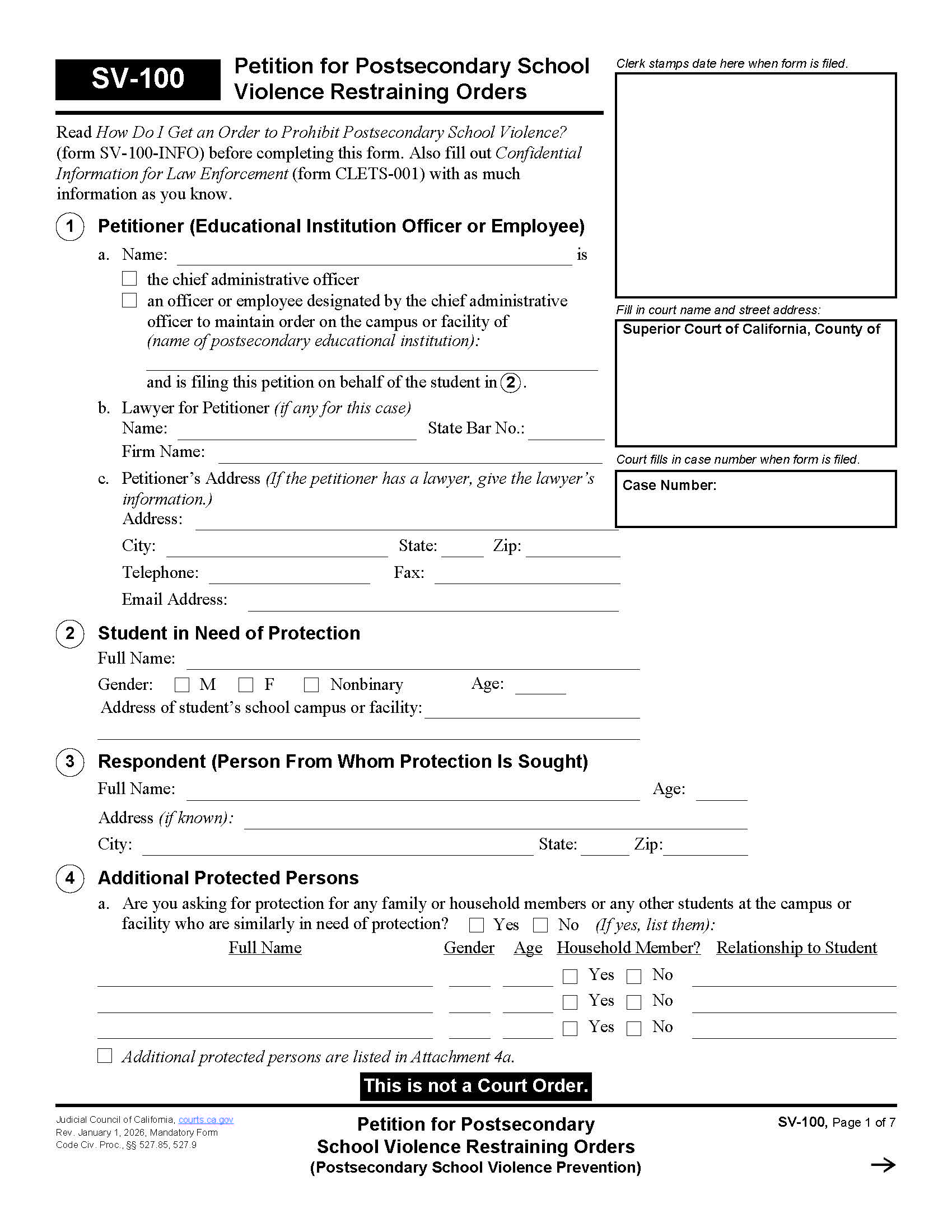 Petition For Private Postsecondary School Violence Restraining Orders {SV-100} | Pdf Fpdf Docx | California