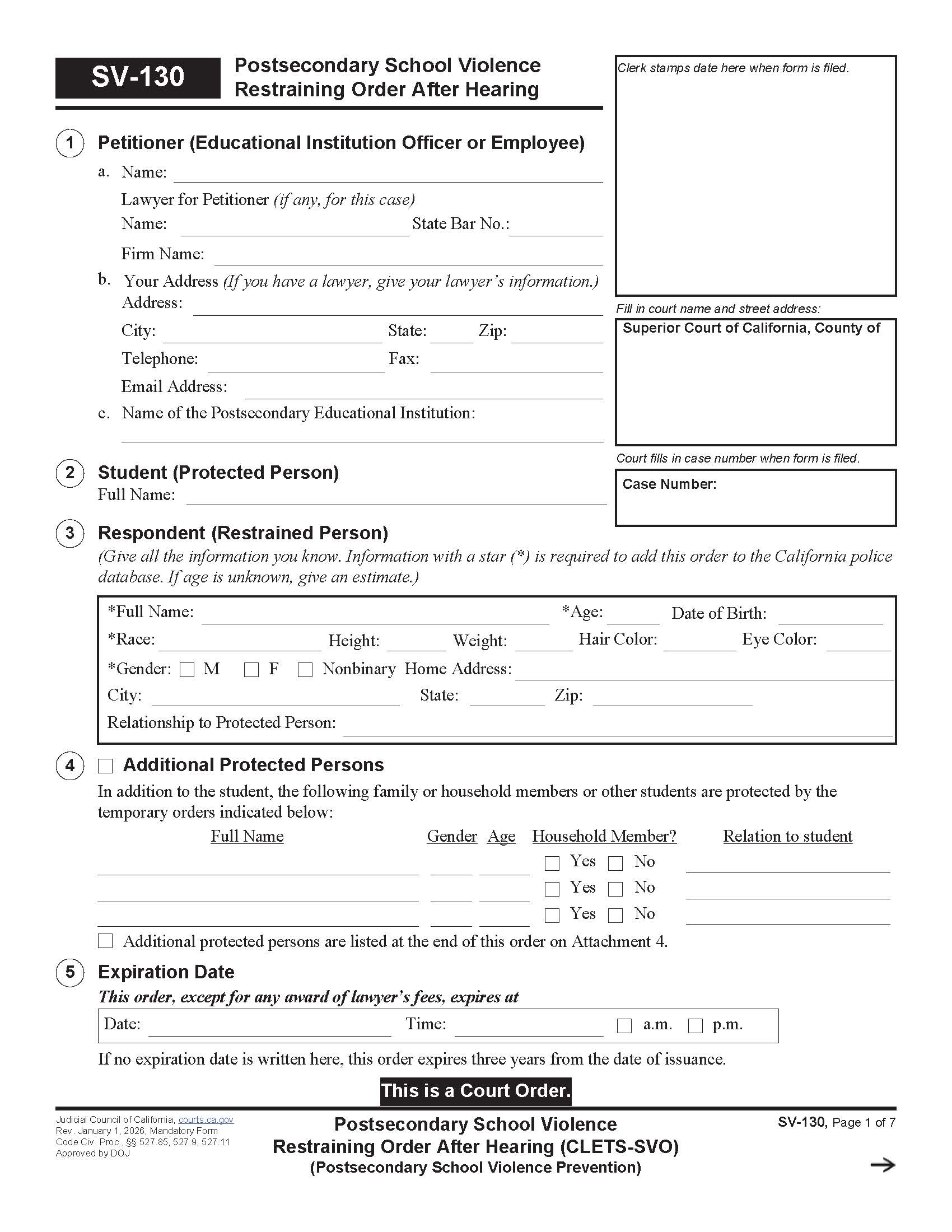 Postsecondary School Violence Restraining Order After Hearing (CLETS-SVO) {SV-130} | Pdf Fpdf Docx | California