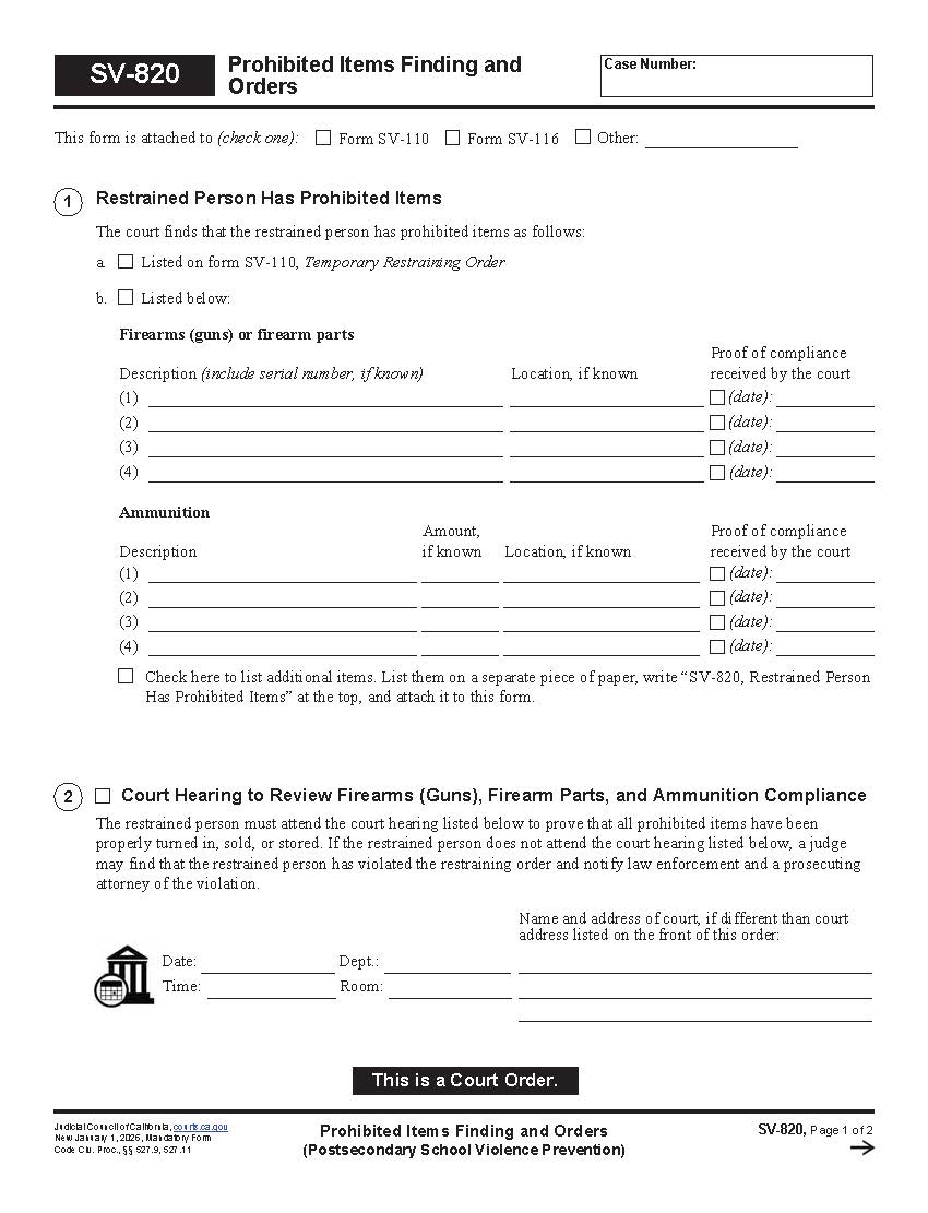 Prohibited Items Finding And Order (Postsecondary School Violence Prevention) {SV-820} | Pdf Fpdf Docx | California