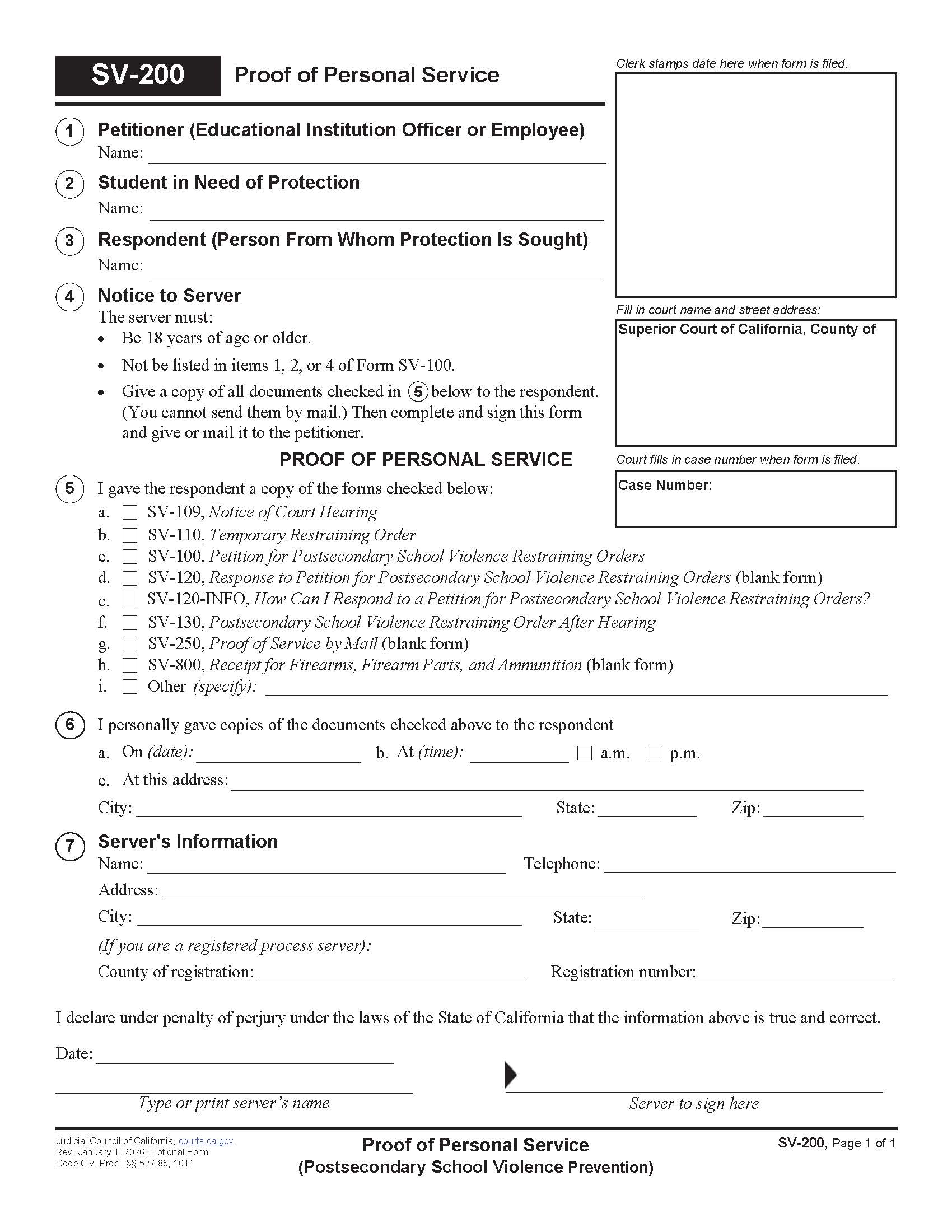 Proof Of Personal Service (Postsecondary School Violence Prevention) {SV-200} | Pdf Fpdf Doc Docx | California