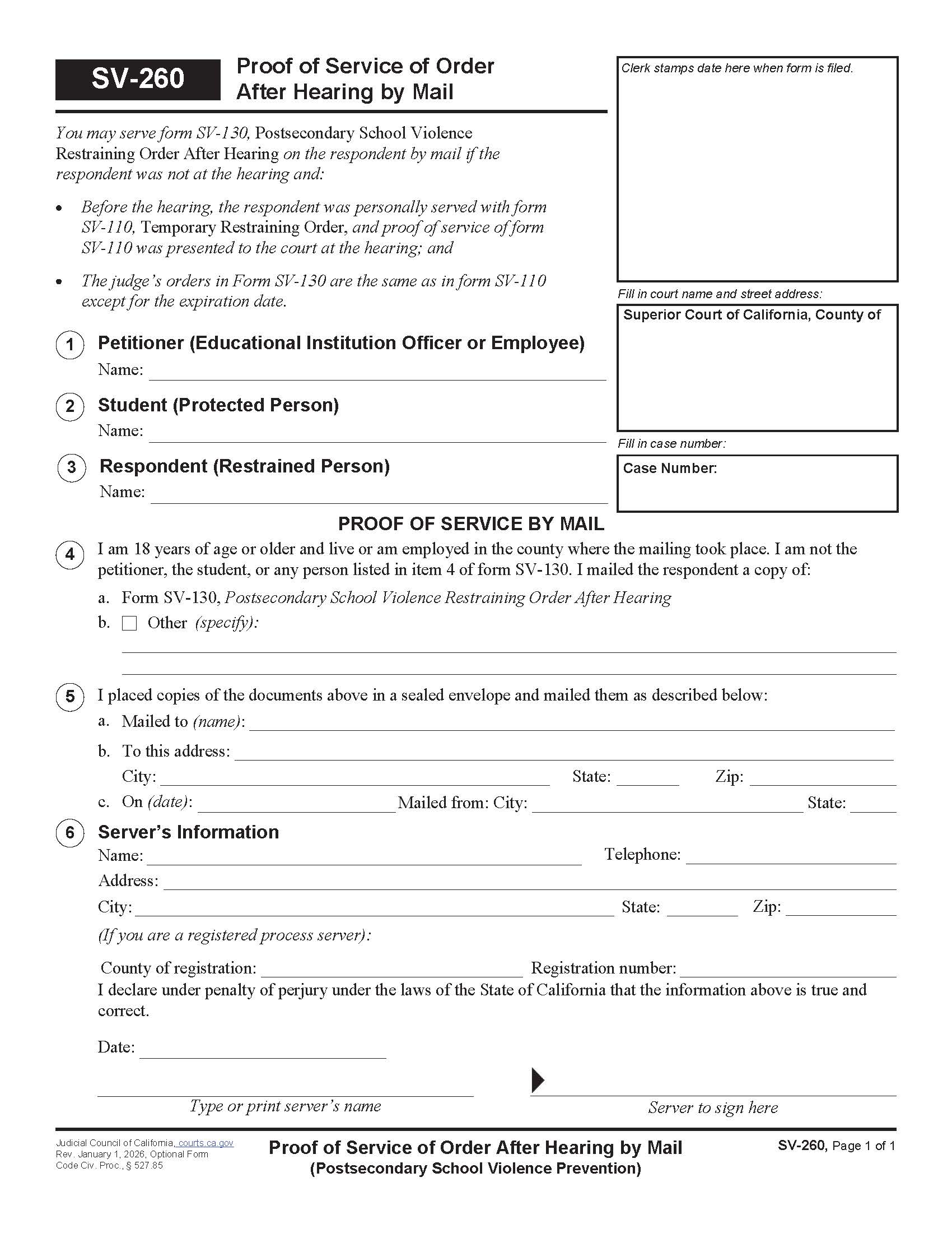 Proof Of Service Of Order After Hearing By Mail {SV-260} | Pdf Fpdf Doc Docx | California