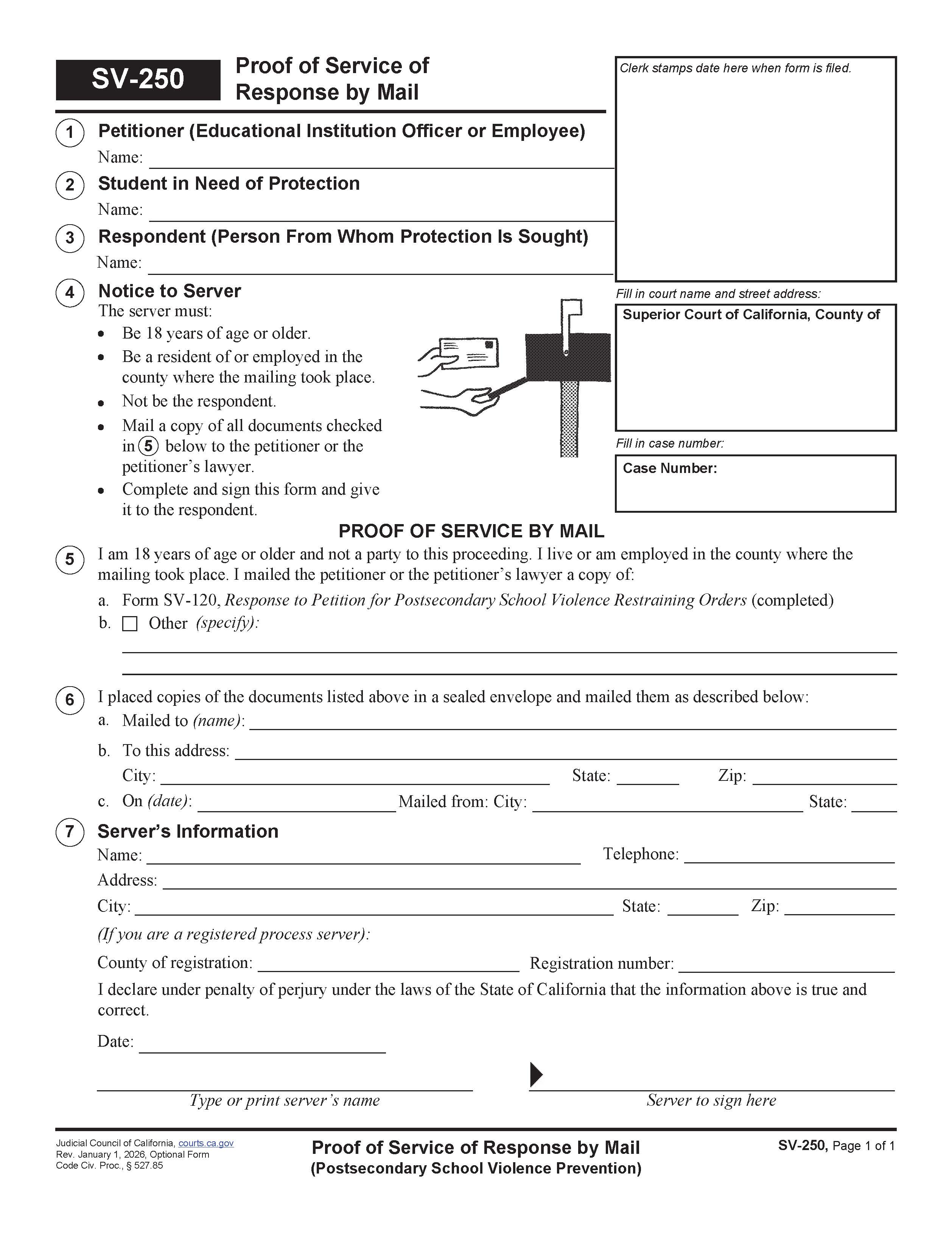 Proof Of Service Of Response By Mail (Postsecondary School Violence Prevention) {SV-250} | Pdf Fpdf Doc Docx | California