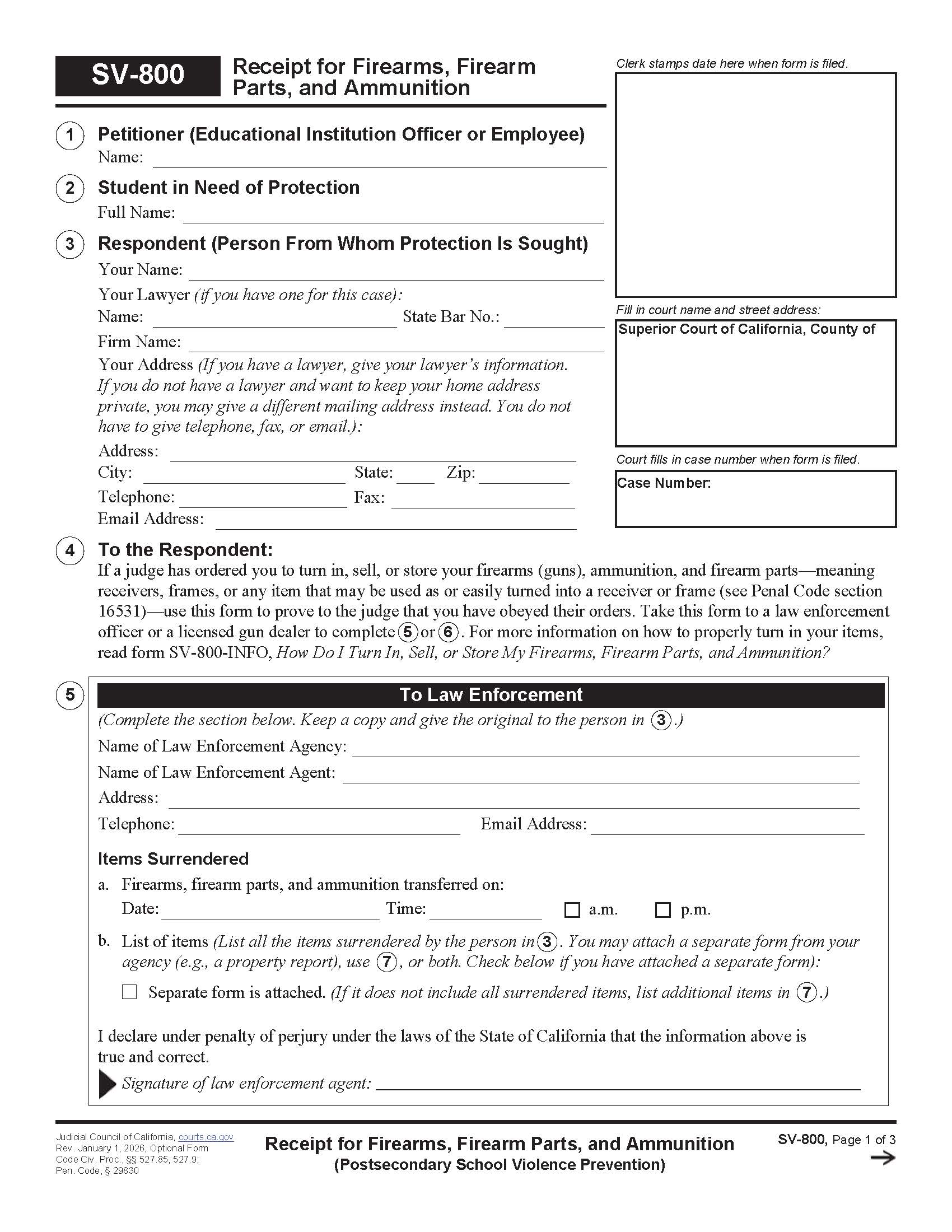 Receipt For Firearms And Firearm Parts (Postsecondary School Violence Prevention) {SV-800} | Pdf Fpdf Doc Docx | California