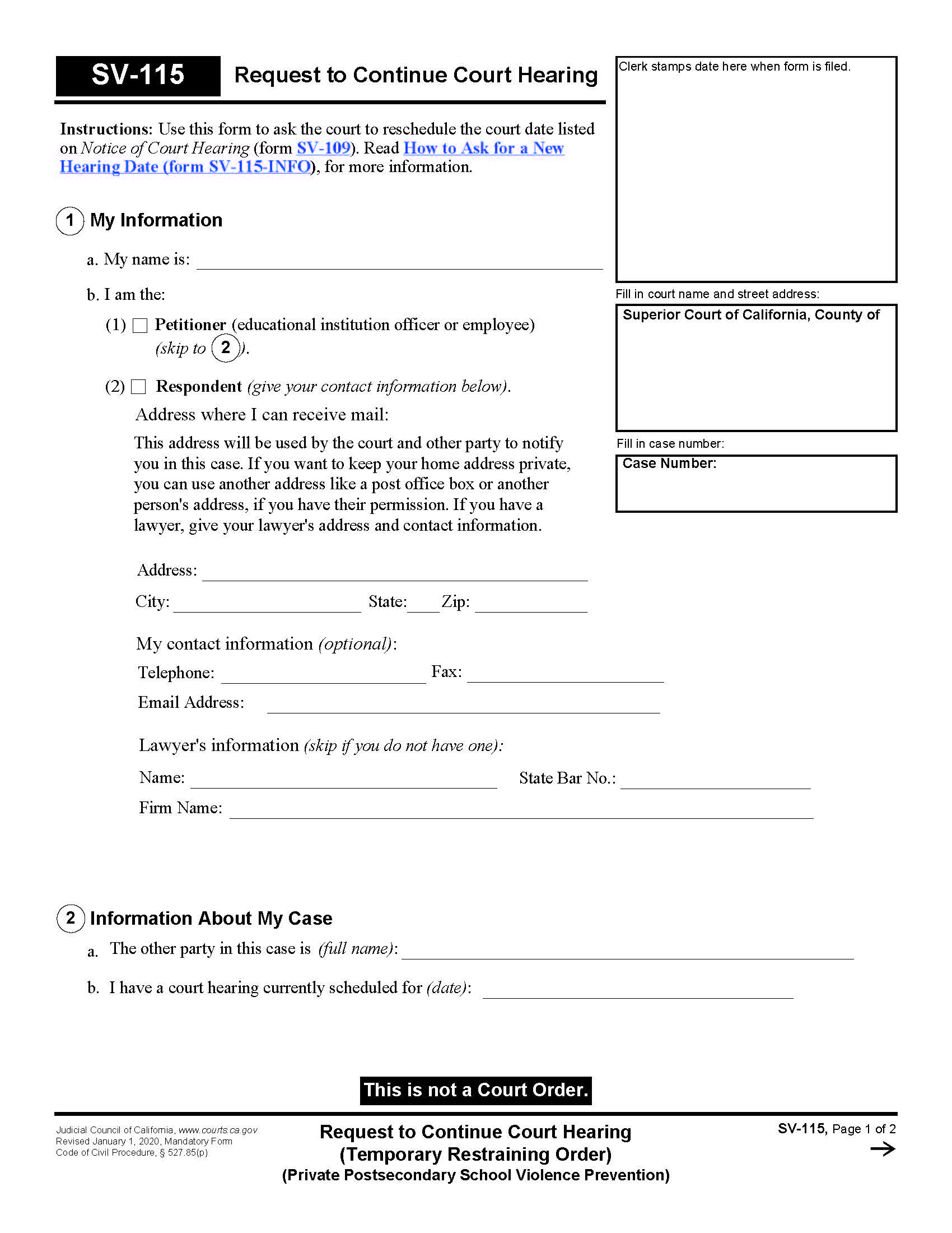 Request To Continue Court Hearing (Temporary Restraining Order) {SV-115} | Pdf Fpdf Doc Docx | California