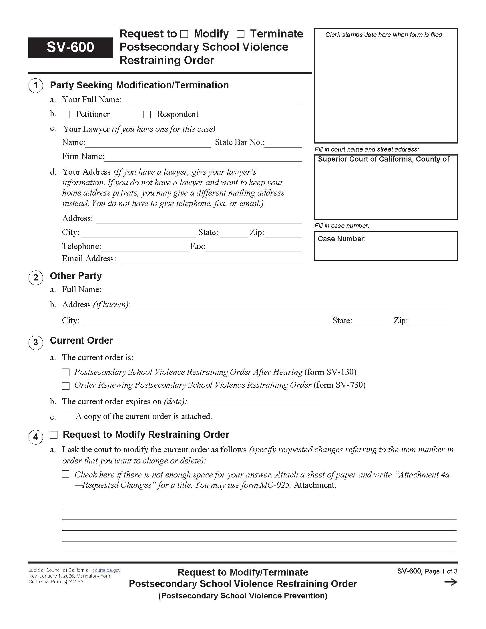 Request To Modify-Terminate Postsecondary School Violence Restraining Order {SV-600} | Pdf Fpdf Docx | California