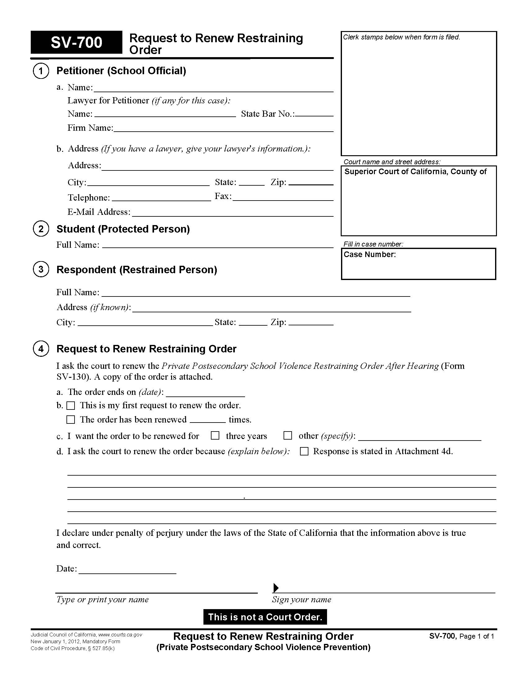 Request To Renew Restraining Order {SV-700} | Pdf Fpdf Doc Docx | California