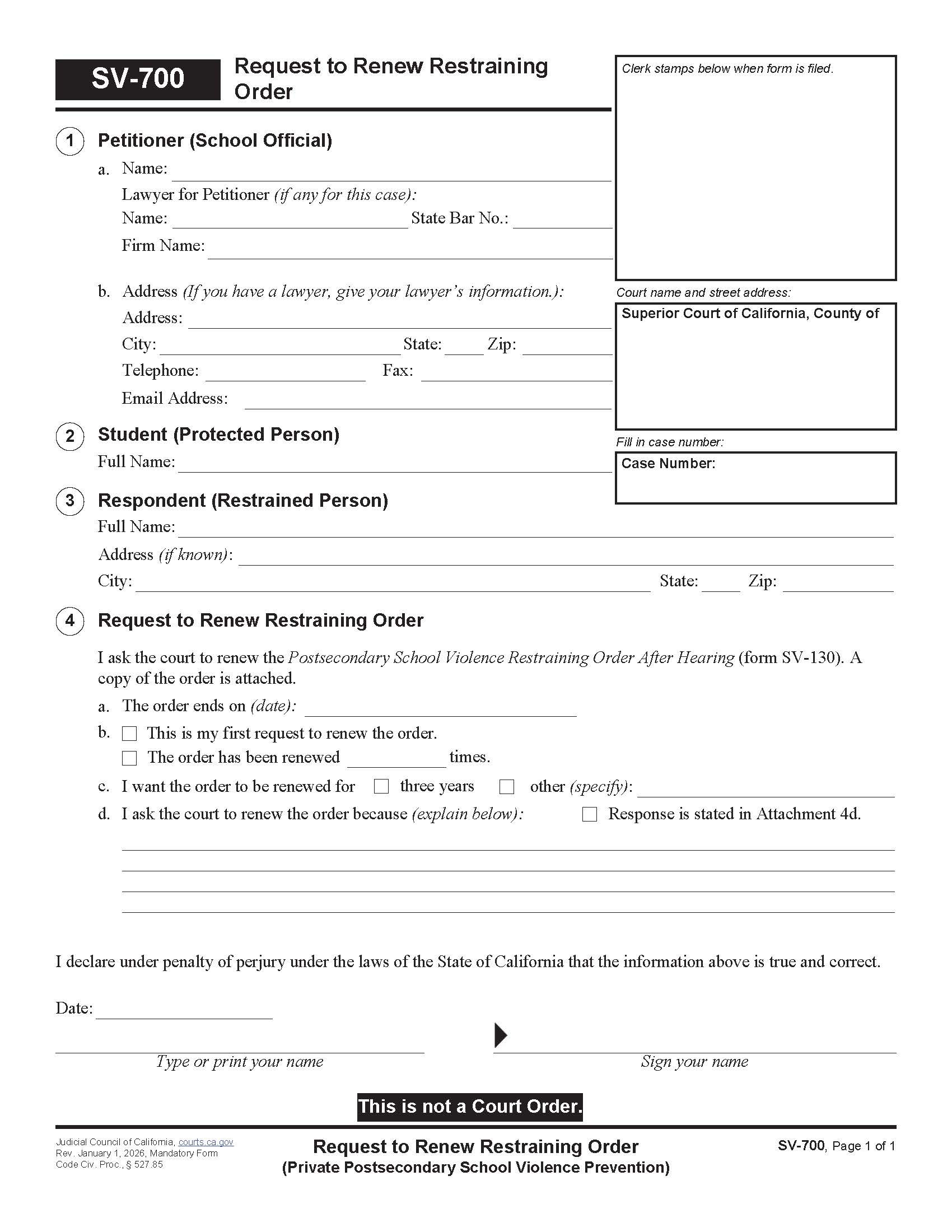 Request To Renew Restraining Order {SV-700} | Pdf Fpdf Doc Docx | California
