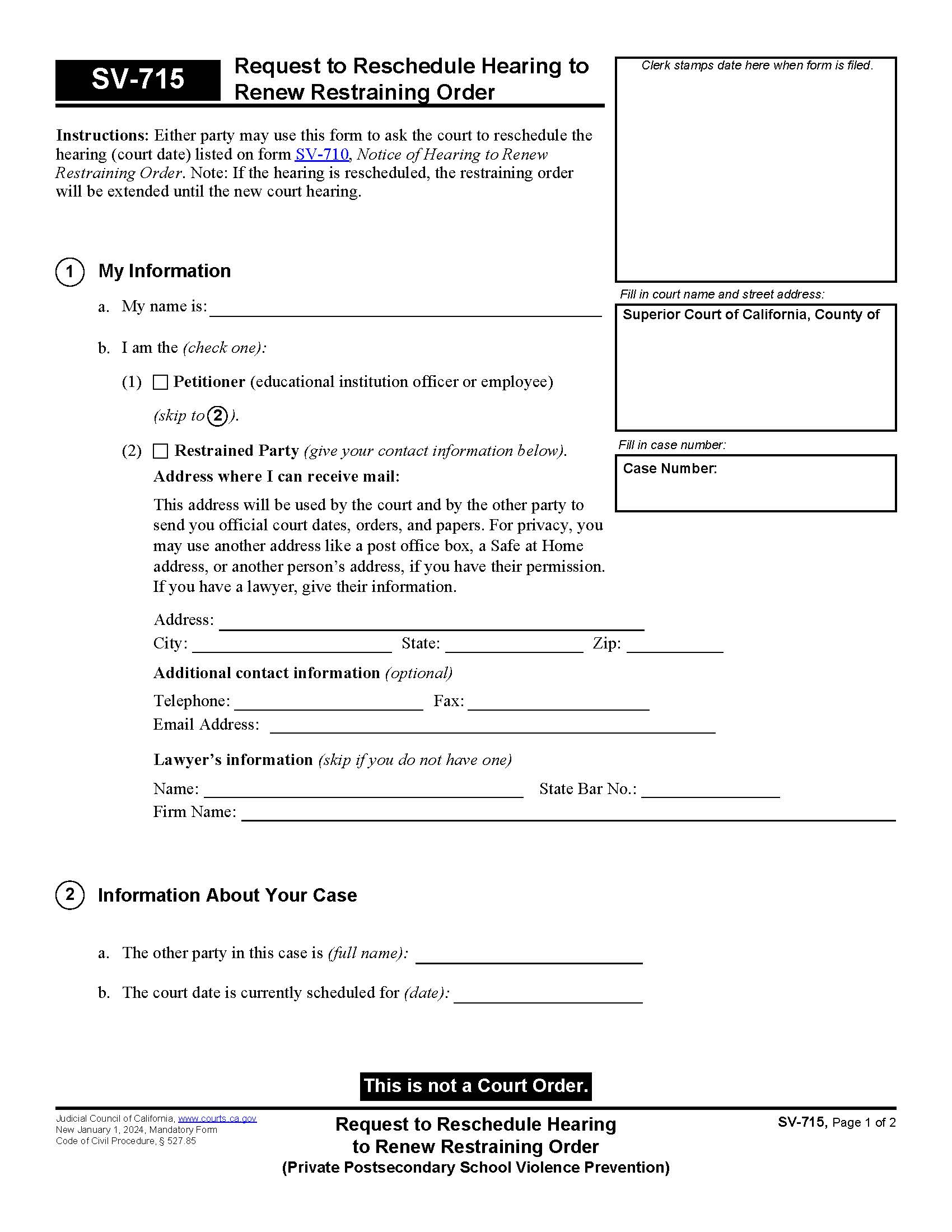 Request To Reschedule Hearing To Renew Restraining Order {SV-715} | Pdf Fpdf Docx | California