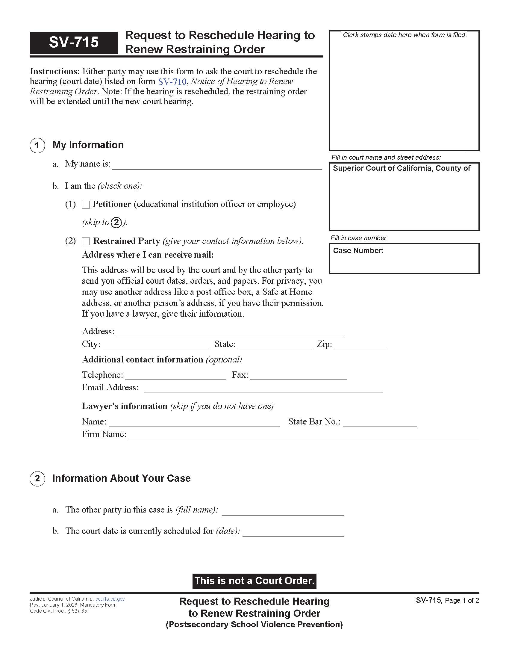 Request To Reschedule Hearing To Renew Restraining Order {SV-715} | Pdf Fpdf Docx | California