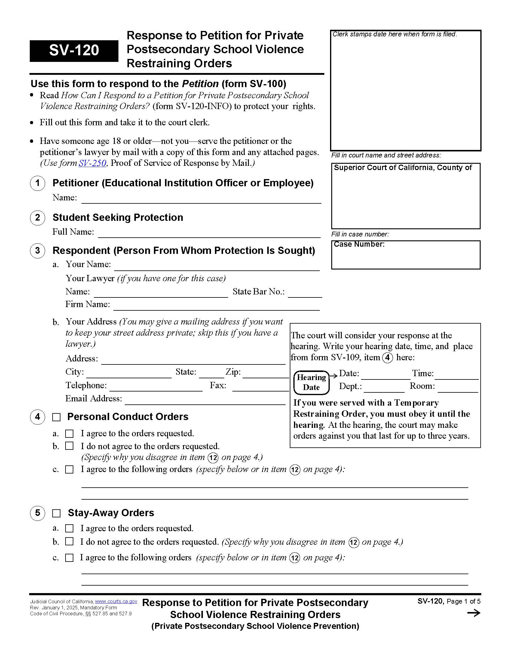 Response To Petition For Private Postsecondary School Violence Restraining Orders {SV-120} | Pdf Fpdf Docx | California