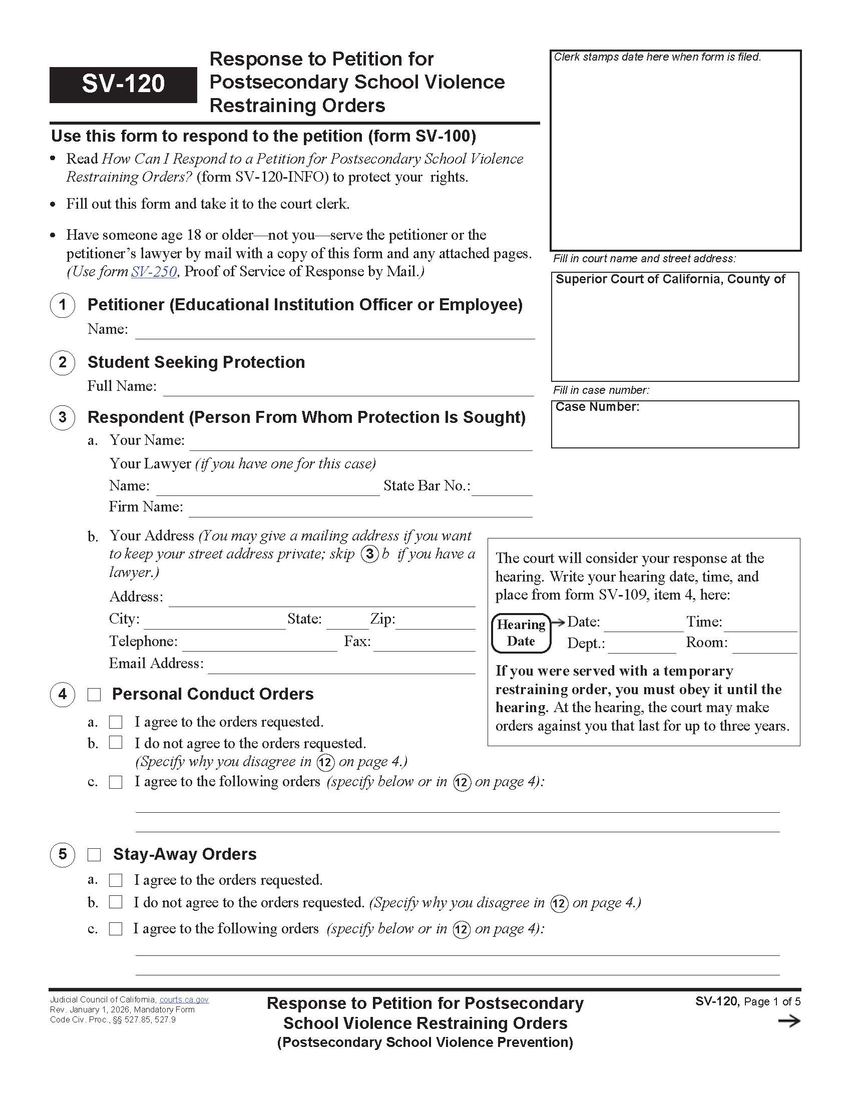 Response To Petition For Private Postsecondary School Violence Restraining Orders {SV-120} | Pdf Fpdf Docx | California