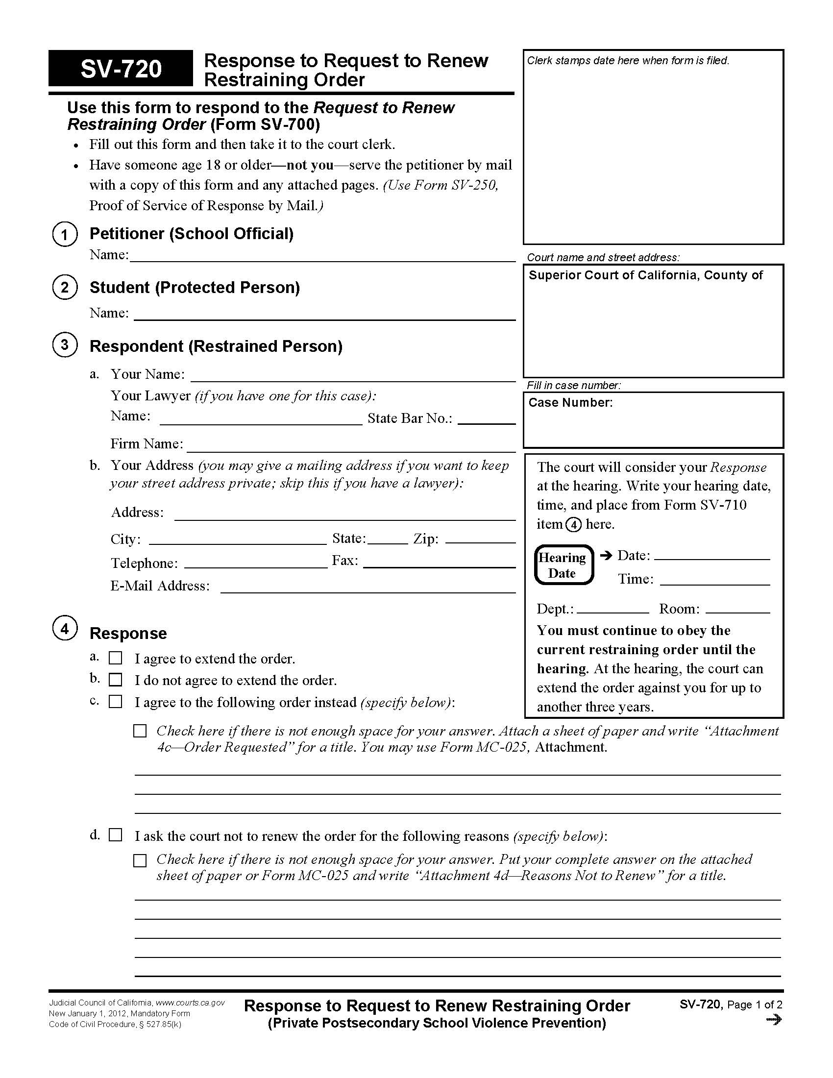 Response To Request To Renew Restraining Order {SV-720} | Pdf Fpdf Doc Docx | California