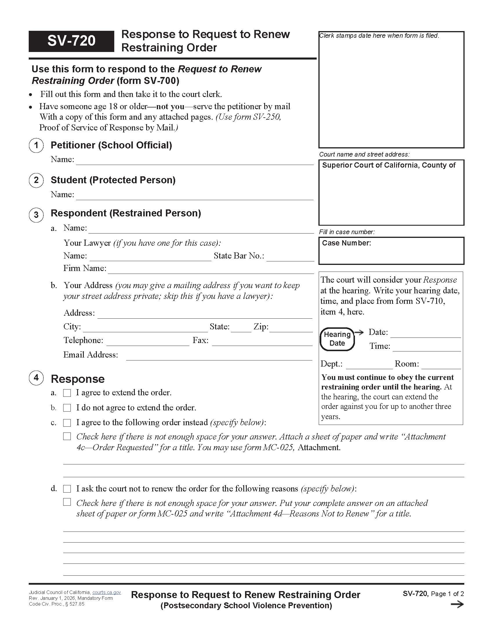 Response To Request To Renew Restraining Order {SV-720} | Pdf Fpdf Doc Docx | California