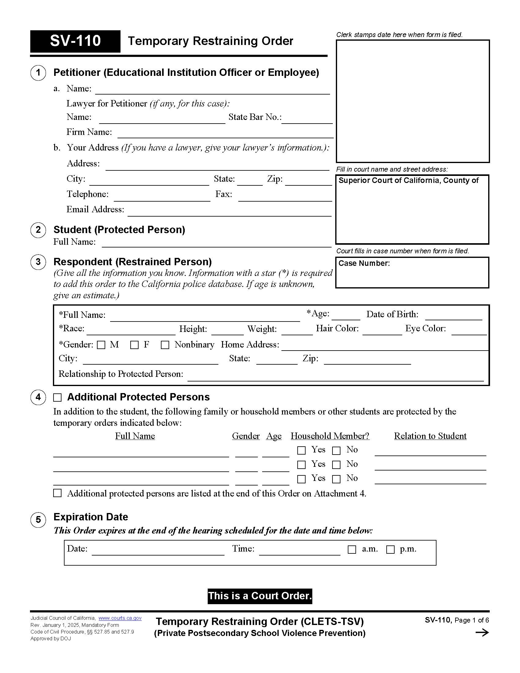 Temporary Restraining Order (CLETS-TSV) {SV-110} | Pdf Fpdf Doc Docx | California