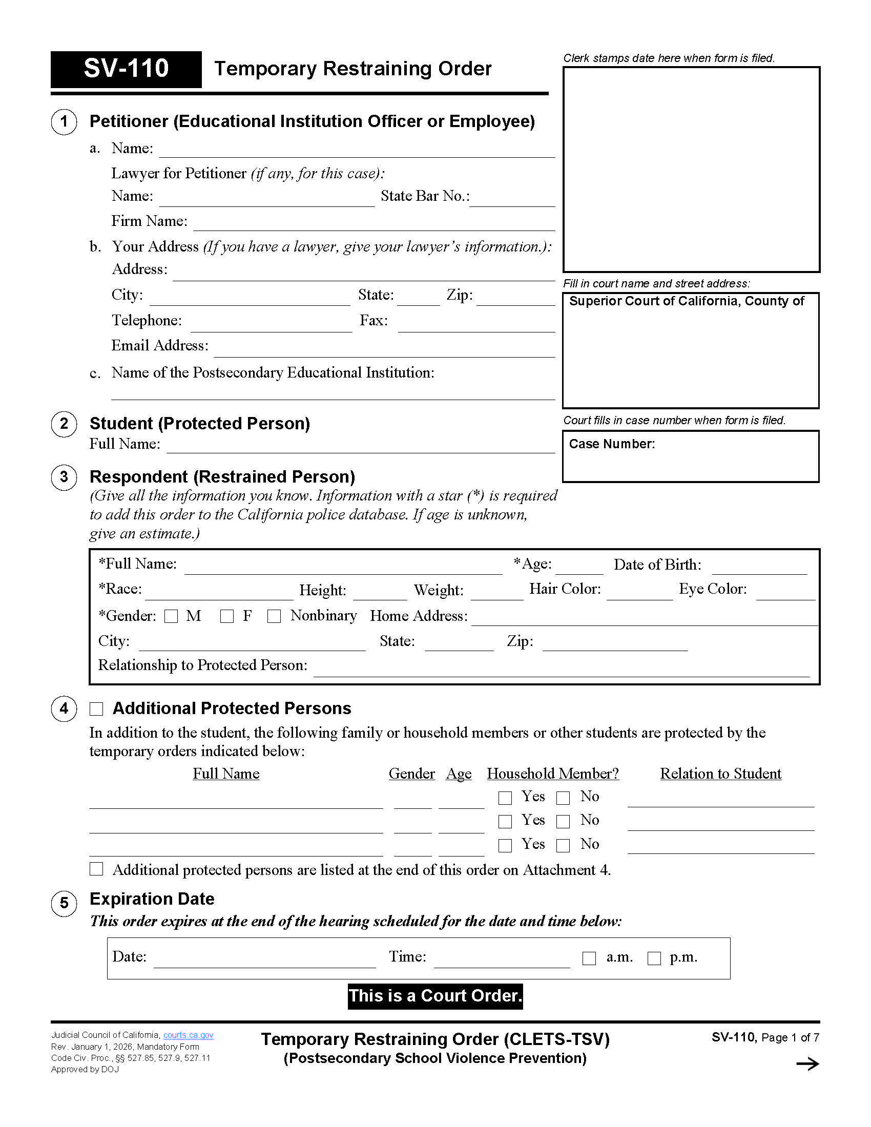 Temporary Restraining Order (CLETS-TSV) {SV-110} | Pdf Fpdf Doc Docx | California