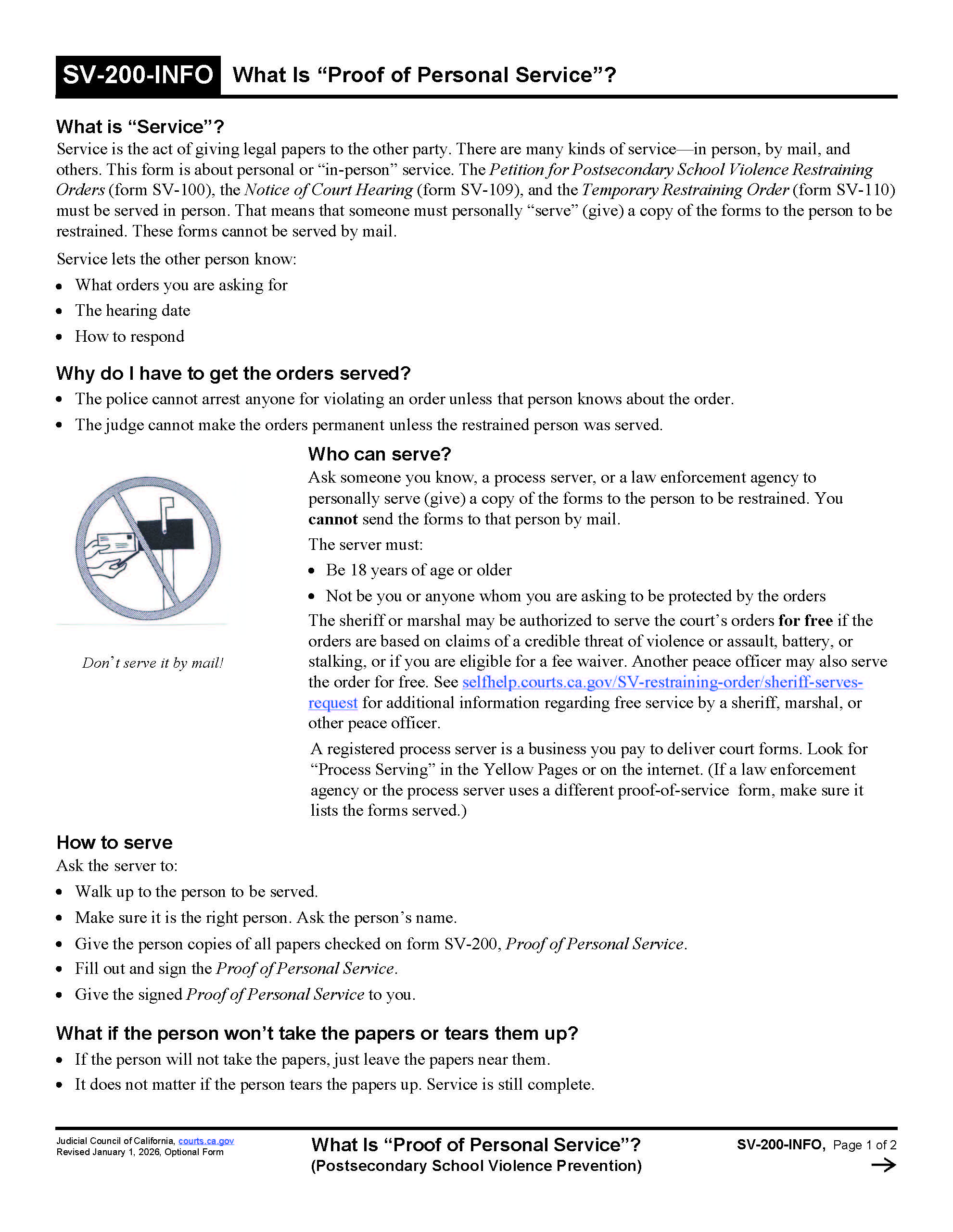 What Is Proof Of Personal Service (Postsecondary School Violence Prevention) {SV-200-INFO} | Pdf Fpdf Doc Docx | California