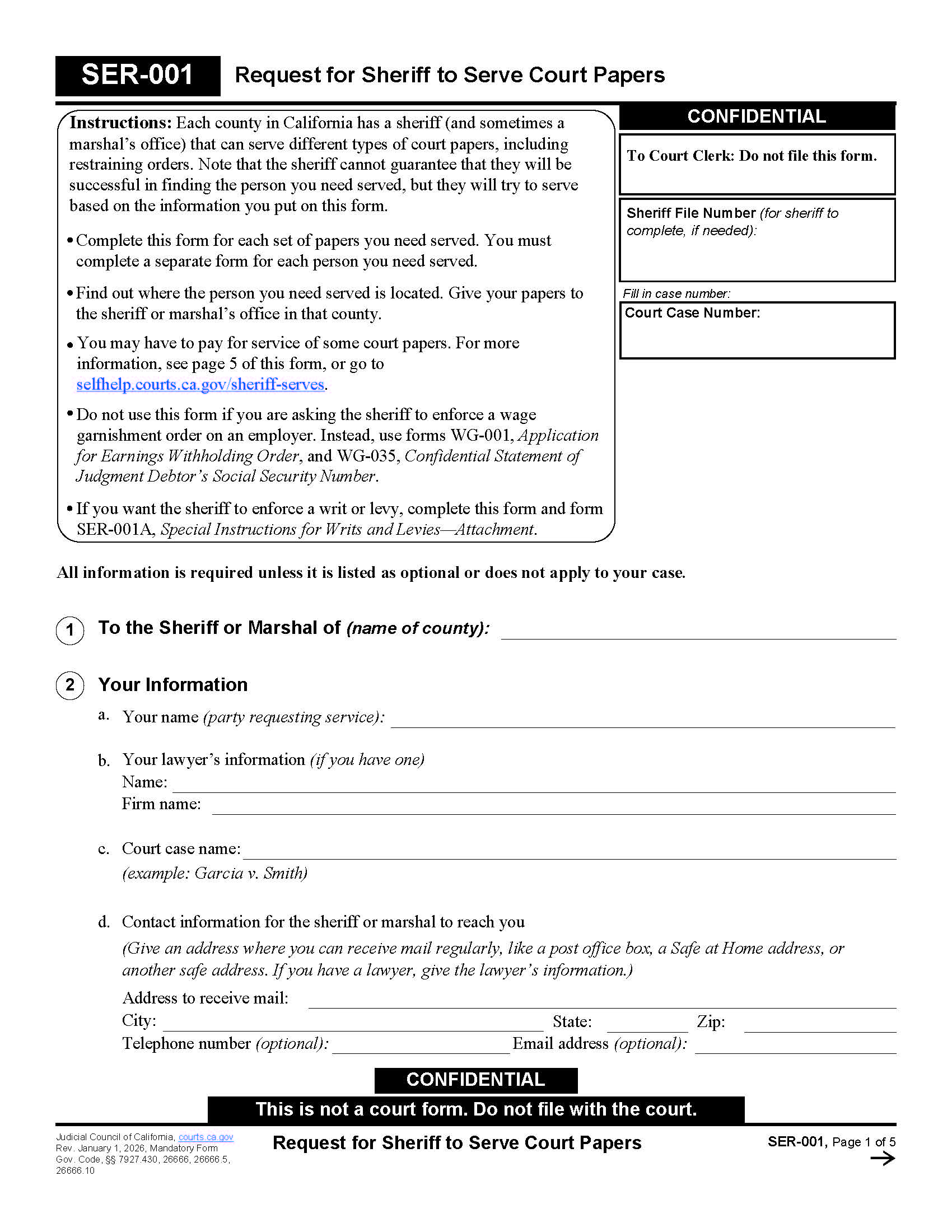 Request For Sheriff To Serve Court Papers {SER-001} | Pdf Fpdf Docx | California