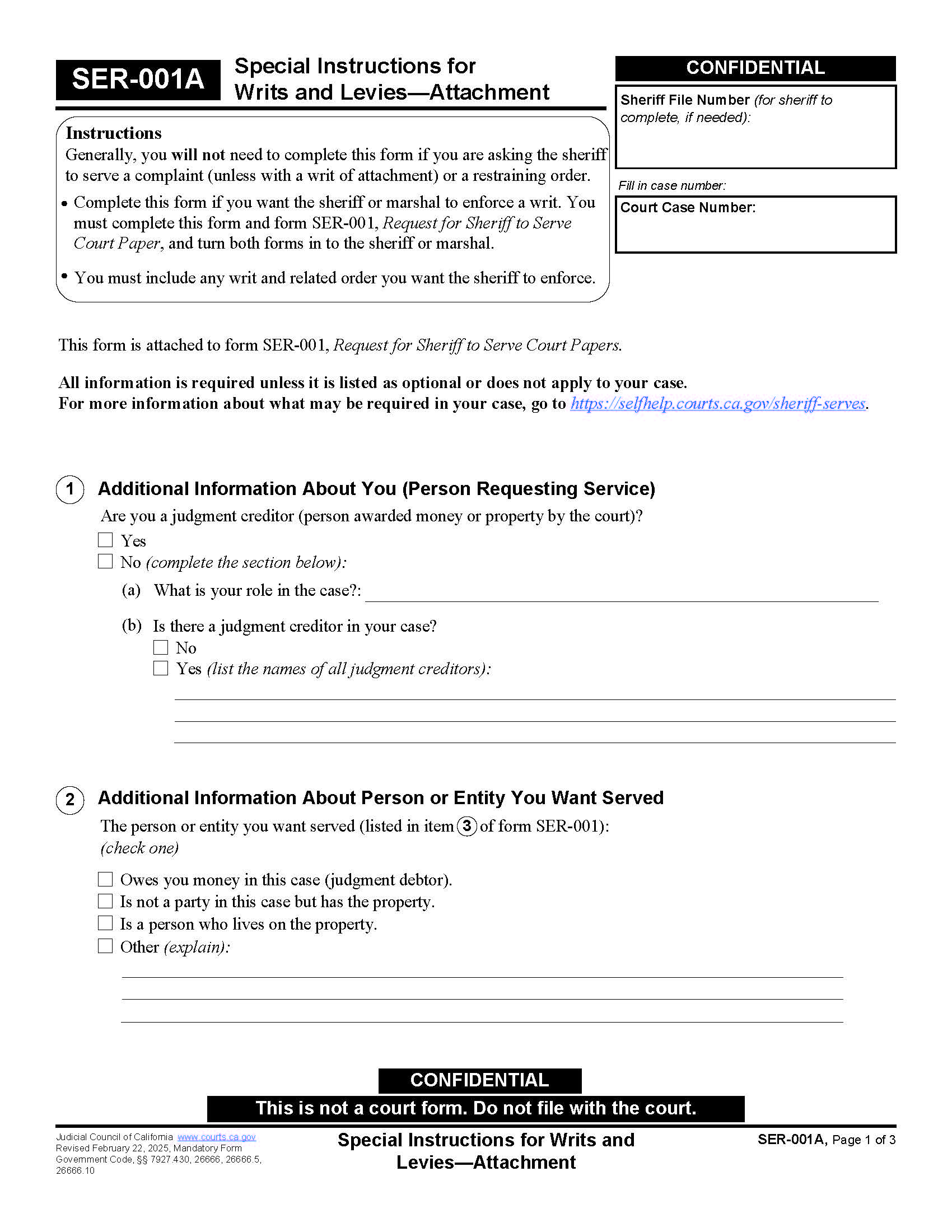 Special Instructions For Writs And Levies-Attachment {SER-001A} | Pdf Fpdf Docx | California