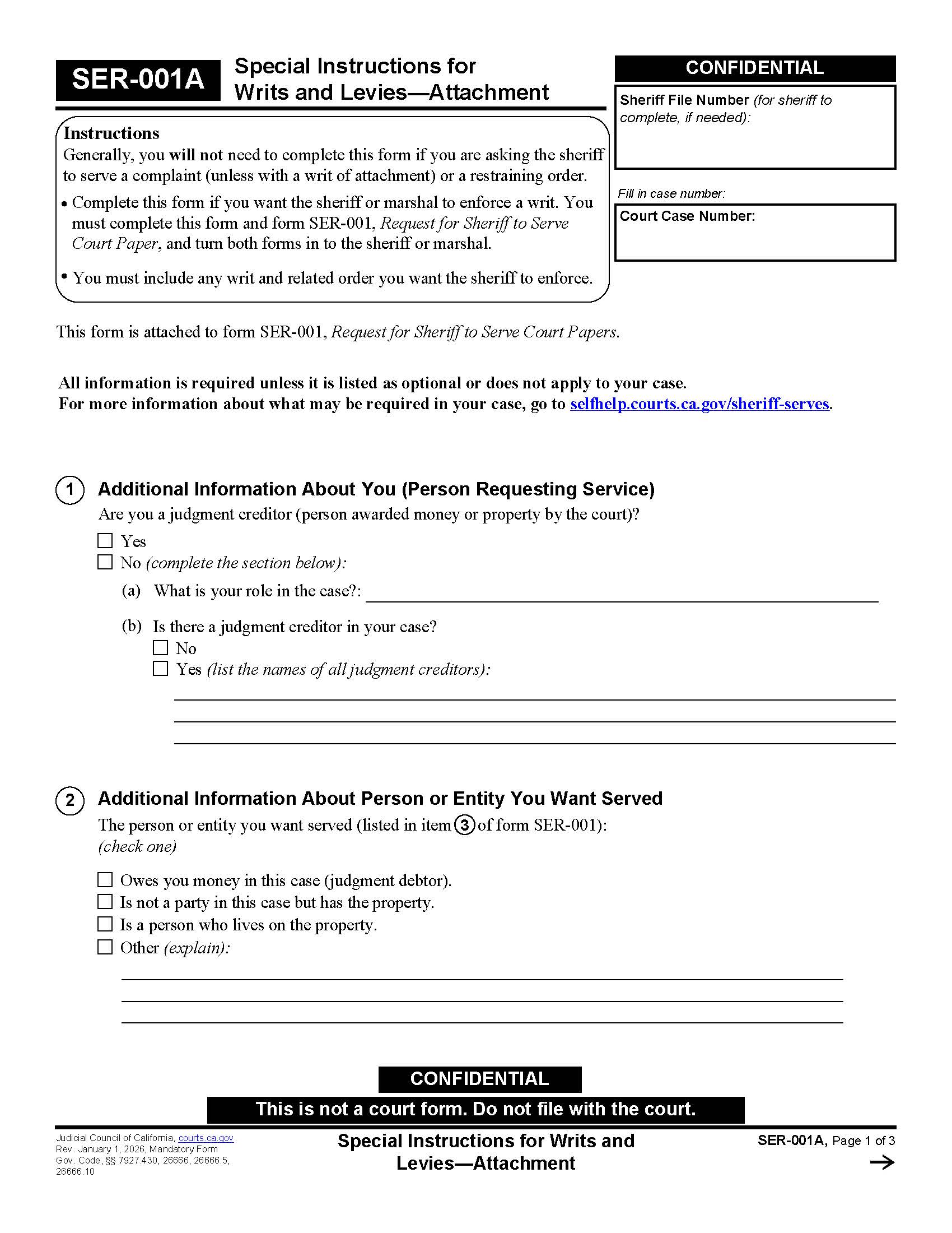 Special Instructions For Writs And Levies-Attachment {SER-001A} | Pdf Fpdf Docx | California