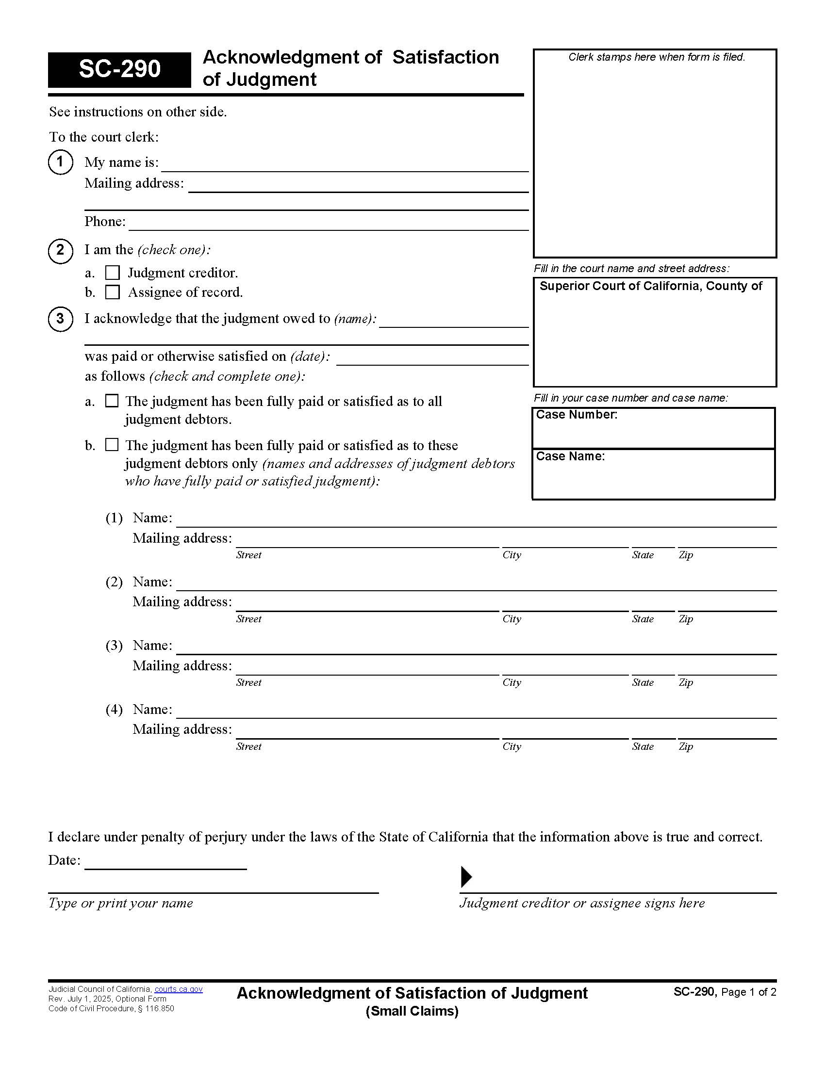 Acknowledgment Of Satisfaction Of Judgment {SC-290} | Pdf Fpdf Doc Docx | California