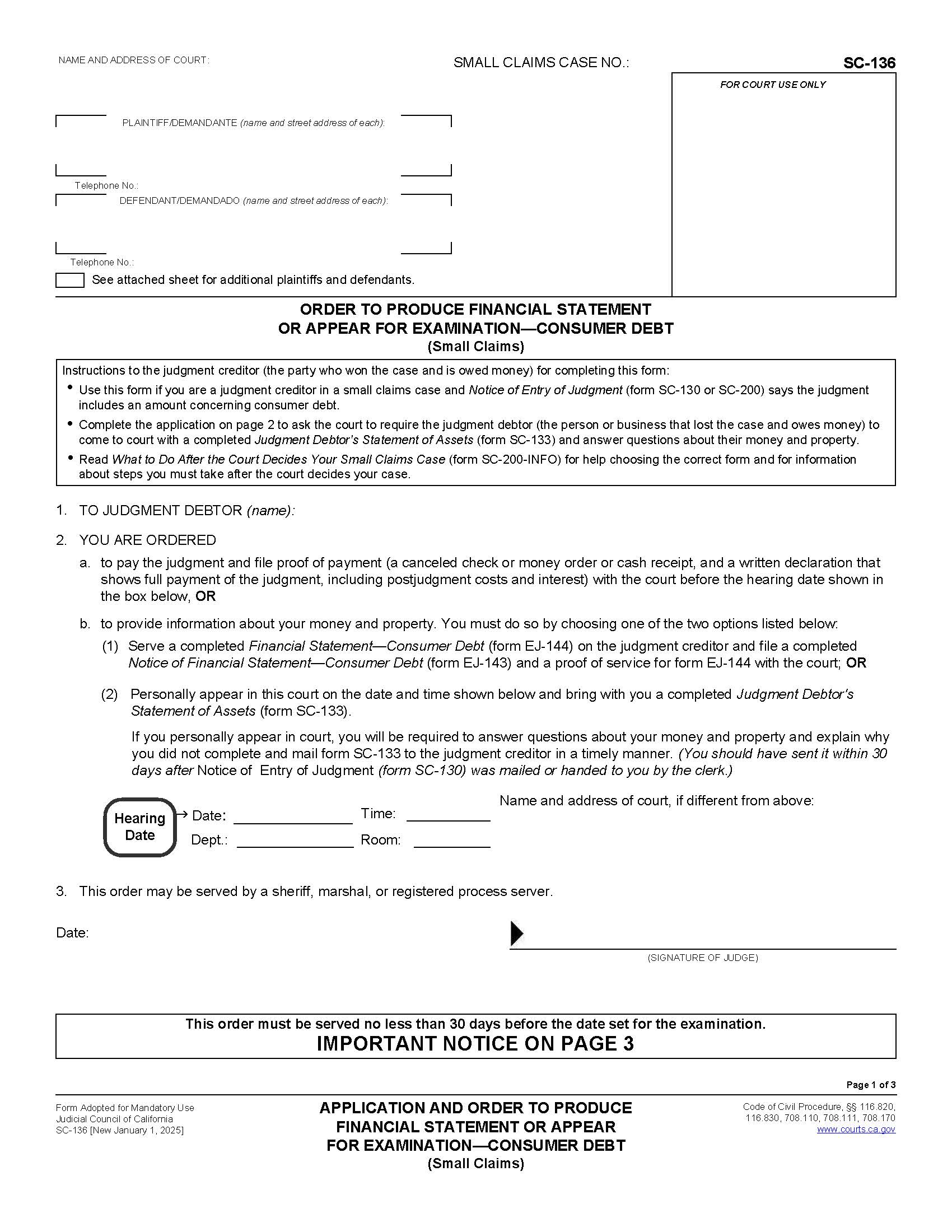 Application And Order To Produce Financial Statement Or Appear For Examination {SC-136} | Pdf Fpdf Docx | California