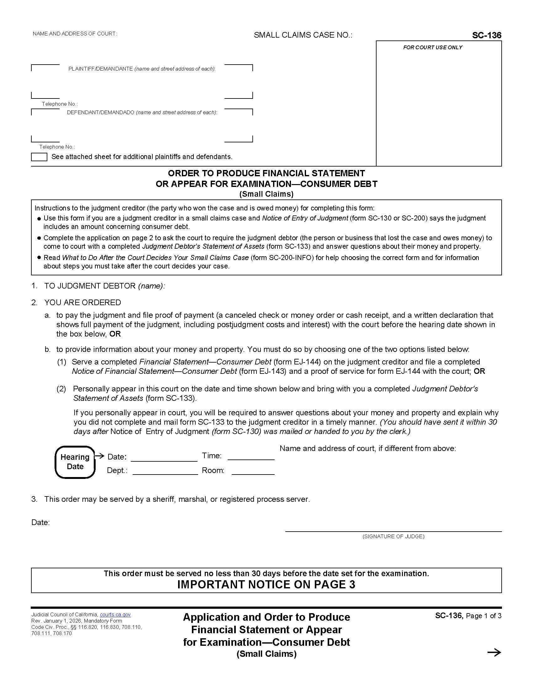 Application And Order To Produce Financial Statement Or Appear For Examination {SC-136} | Pdf Fpdf Docx | California