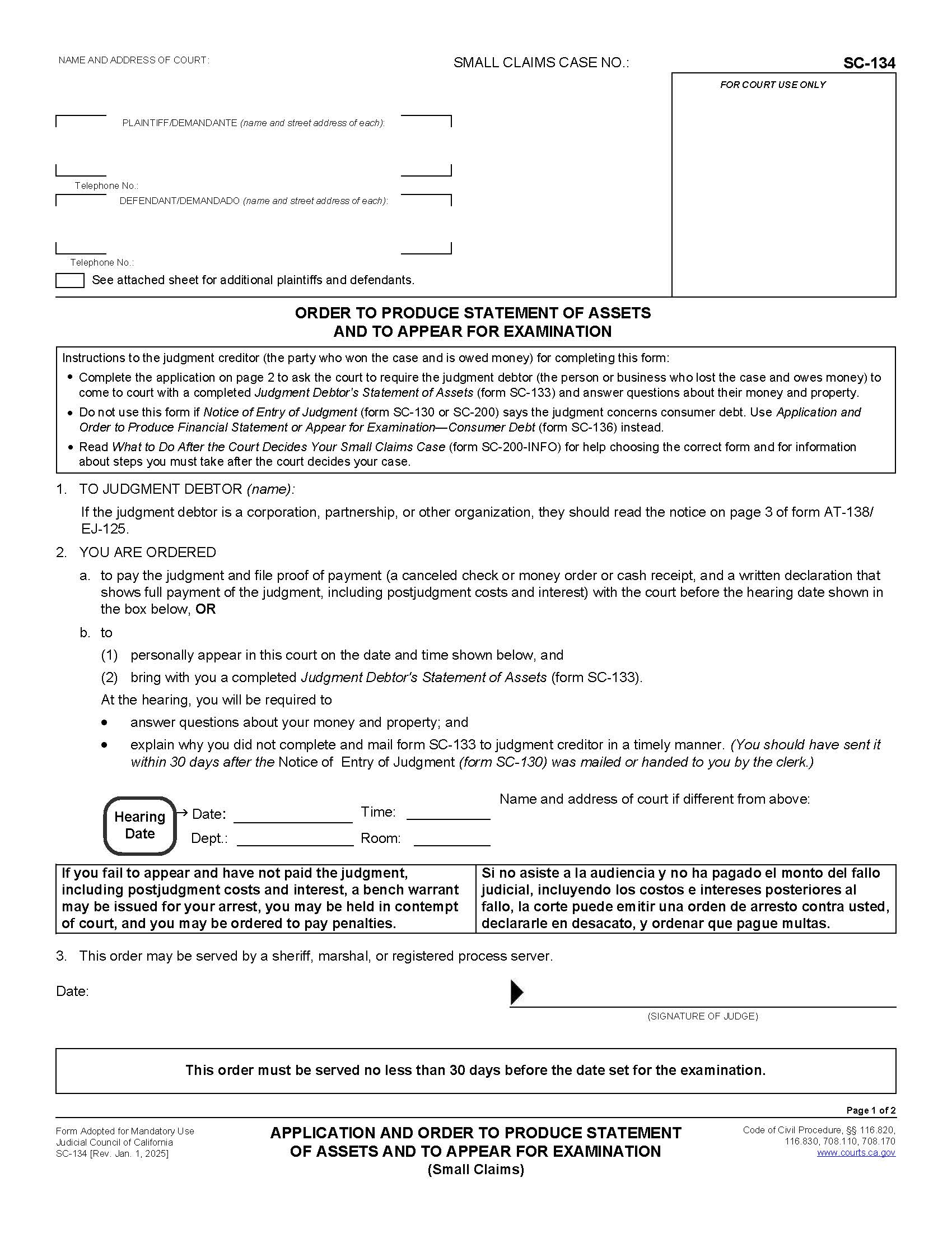 Application And Order To Produce Statement Of Assets {SC-134} | Pdf Fpdf Doc Docx | California