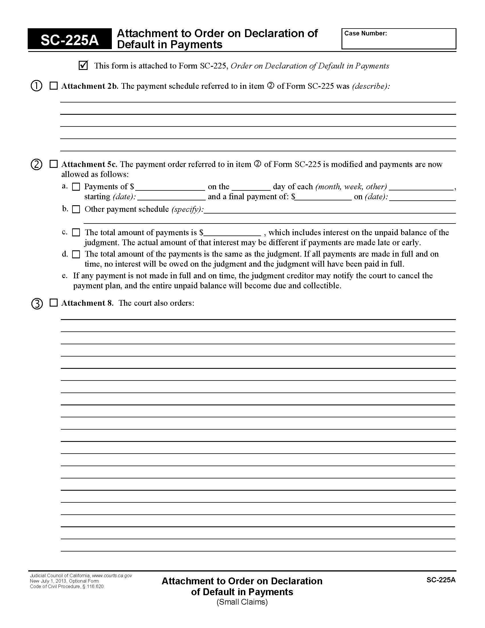 Attachment To Order On Declaration Of Default In Payments {SC-225A} | Pdf Fpdf Doc Docx | California