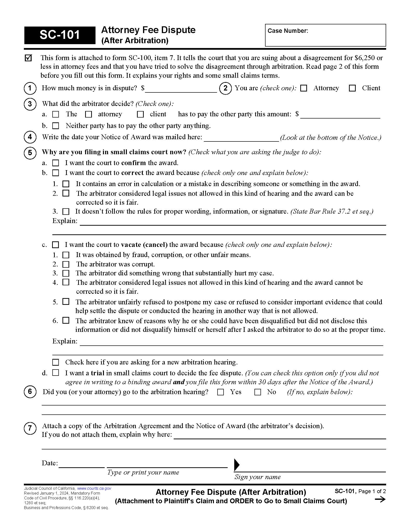 Attorney Fee Dispute (After Arbitration) (Attachment To Claim And Order To Go To Small Claims Court) {SC-101} | Pdf Fpdf Doc Docx | California