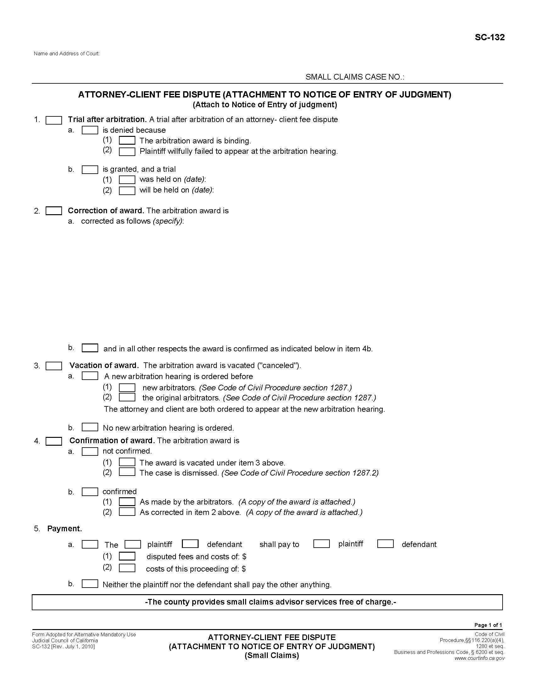 Attorney-Client Fee Dispute (Attachment To Notice Of Entry Of Judgment) {SC-132} | Pdf Fpdf Doc Docx | California
